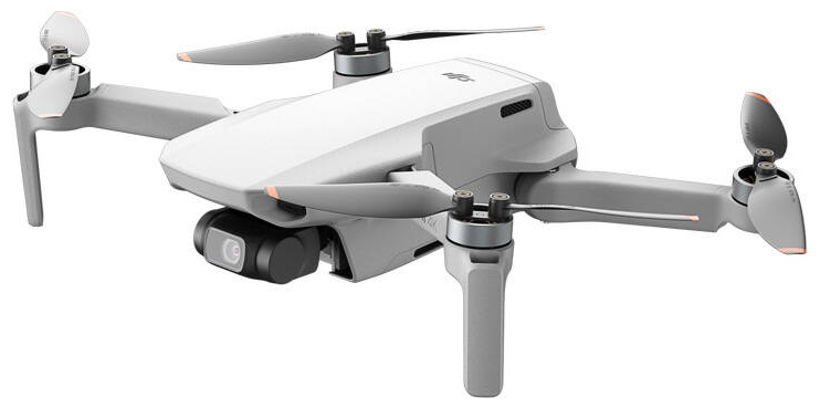Szary i biały dron z rozłożonymi śmigłami. Widziany na białym tle.