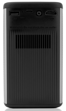 Tylny panel czarno-srebrnego projektora z portami, otworami wentylacyjnymi i tekstem ostrzegawczym.