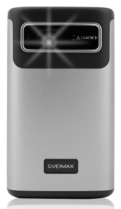 Srebrno-czarny projektor Overmax, pokazujący przód, z jasnym światłem.