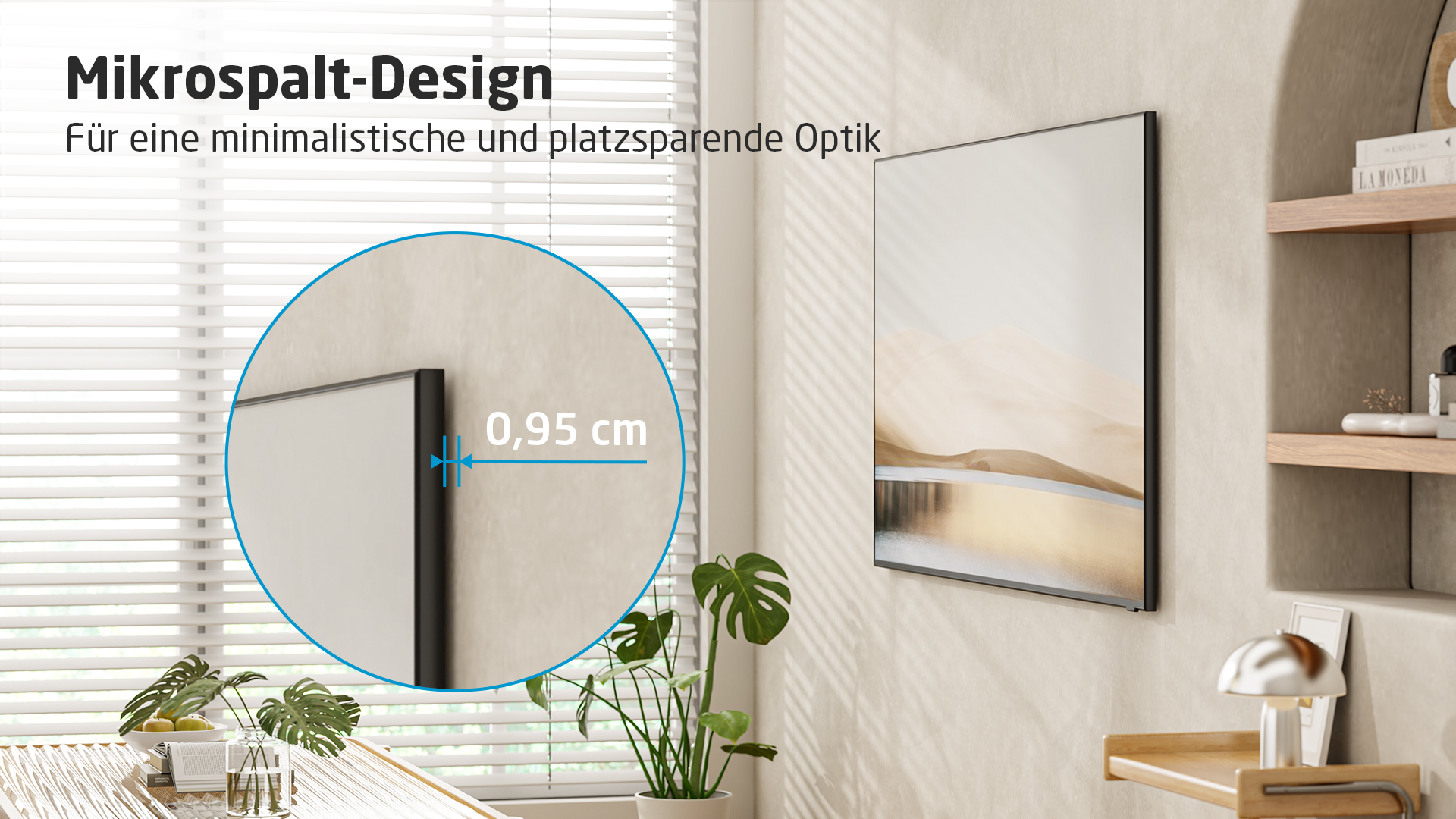 Una TV appesa a una parete con un primo piano che mostra la sottile fessura.