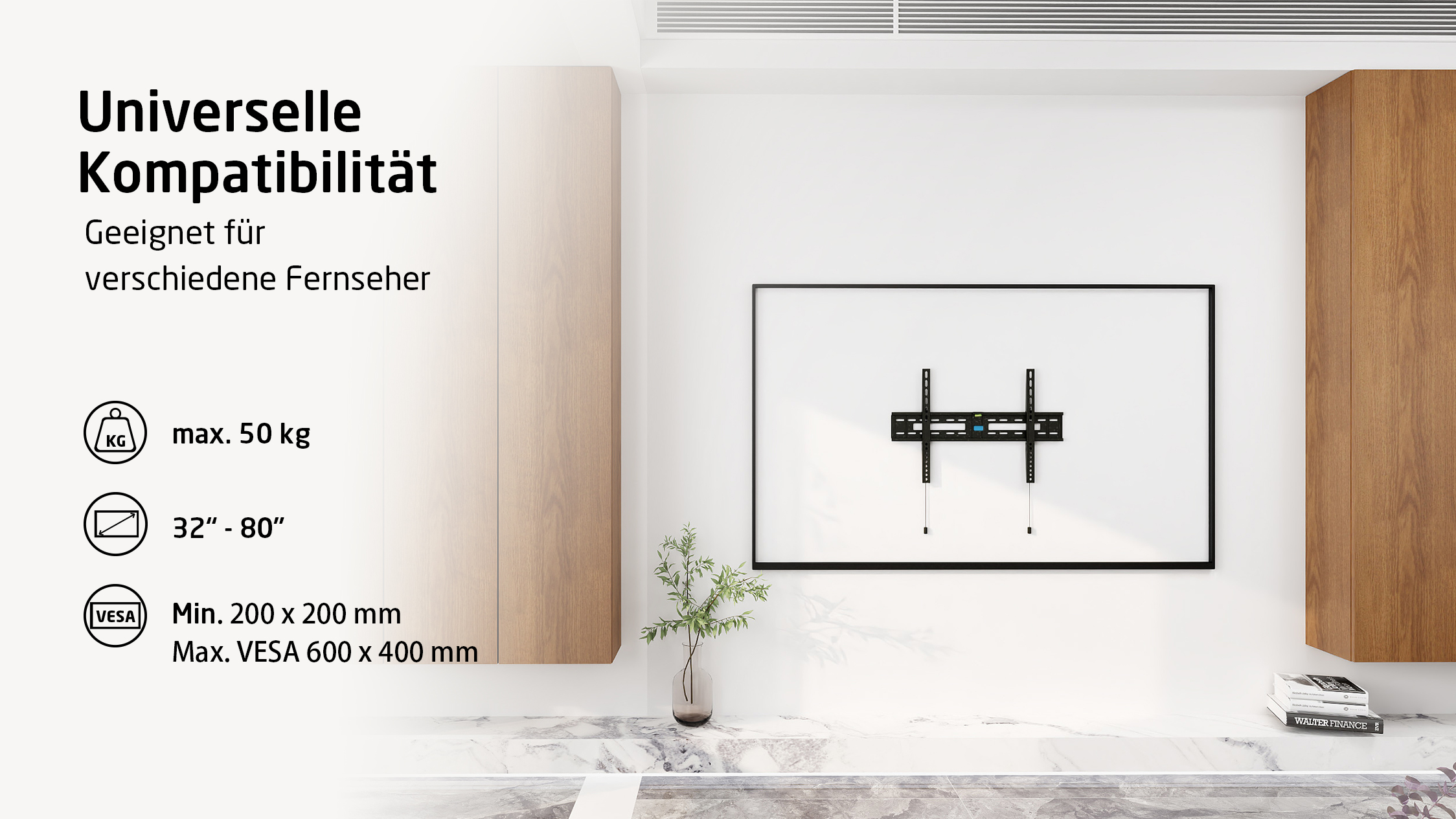 Support mural TV avec texte. Max 50 kg, 32-80", et VESA 200x200 à 600x400 mm. Mur blanc et panneaux en bois.