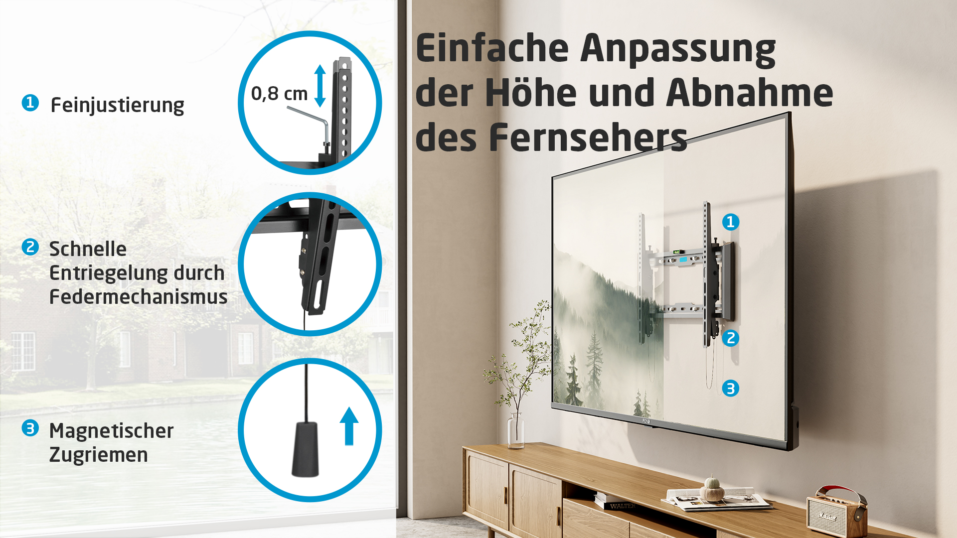 Schéma d'un téléviseur au mur avec instructions de réglage et étiquettes.
