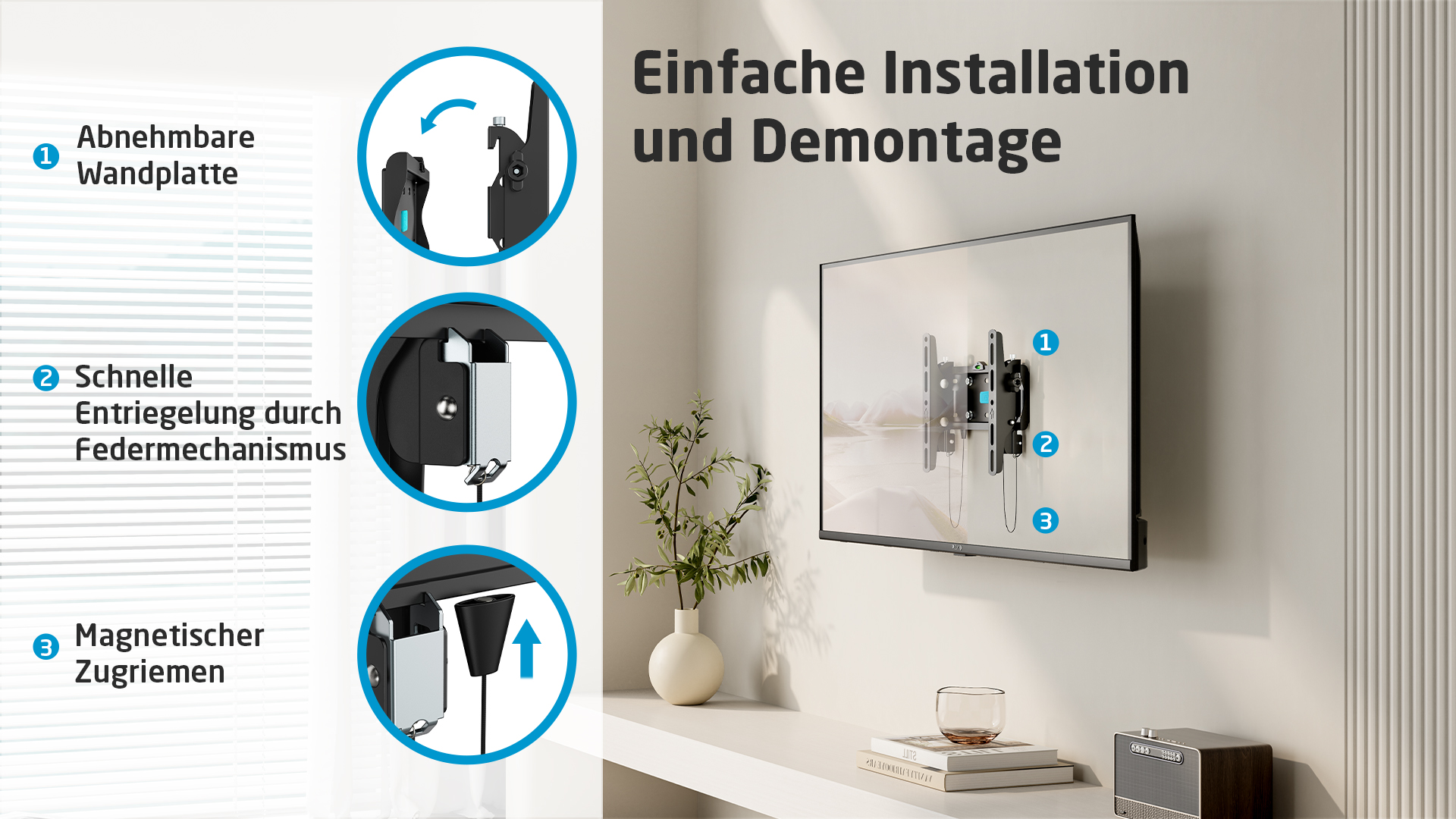 Téléviseur monté sur un mur avec des supports. Trois étapes d'installation sont montrées.