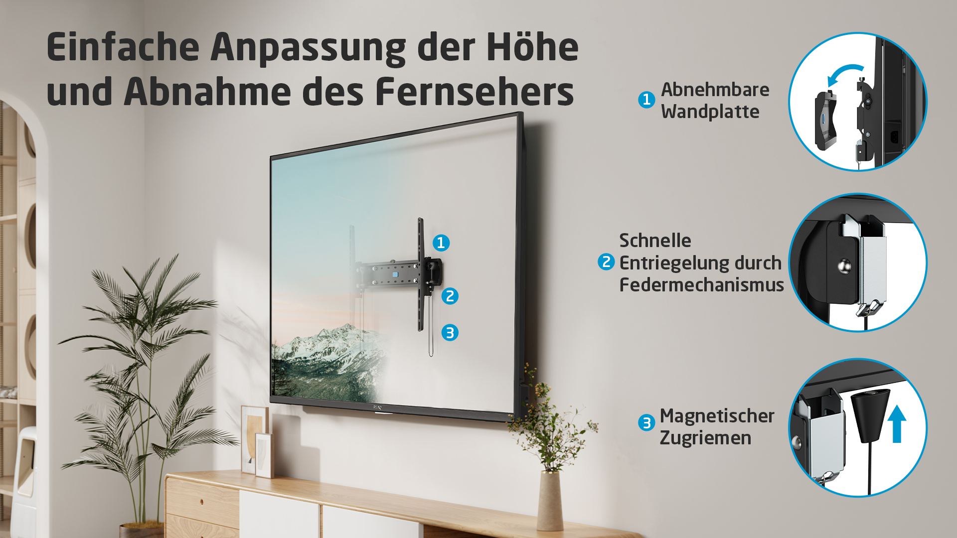 TV montée sur un mur, avec des schémas montrant le réglage facile de la hauteur.