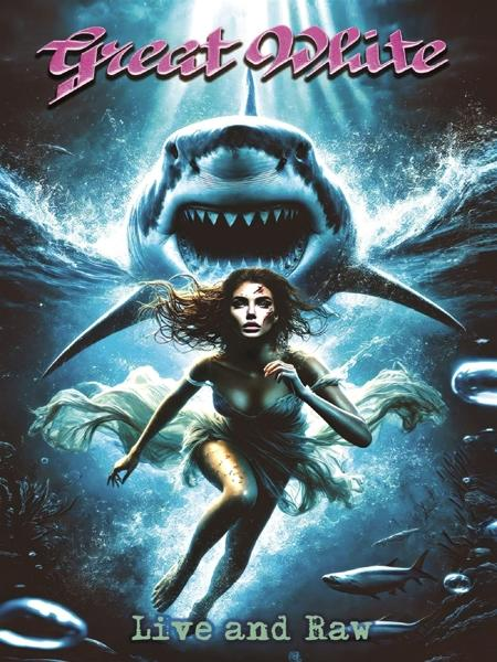 Pochette d'album d'une femme dans l'eau avec un requin. Titre : Great White, Live and Raw.