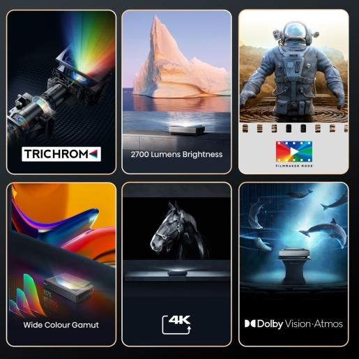 Kolaż zdjęć przedstawia projektor. Różne sceny obejmują tęczę, górę lodową, astronautę i delfiny.