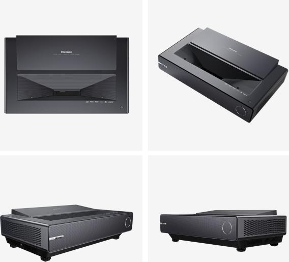 Wiele widoków czarnego projektora z przesuwanym blatem, na białym tle.