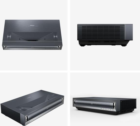 Cztery obrazy czarnego projektora, różne kąty, na białym tle.