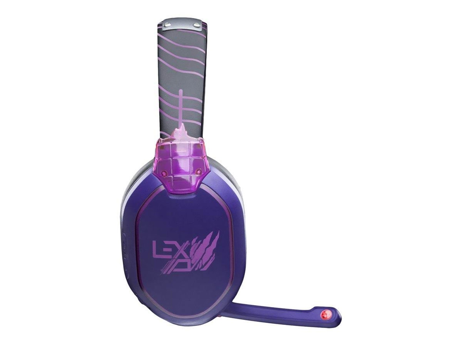 Fioletowo-czarny zestaw słuchawkowy dla graczy z mikrofonem, skierowany w prawo, na białym tle.