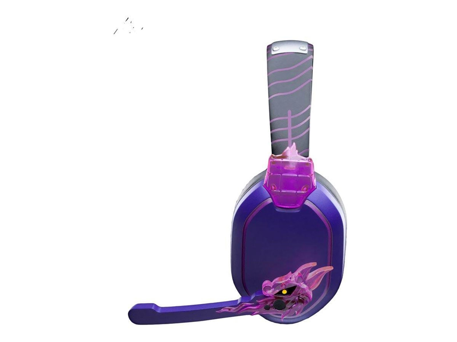Fioletowo-szary zestaw słuchawkowy dla graczy z motywem smoka, na białym tle.