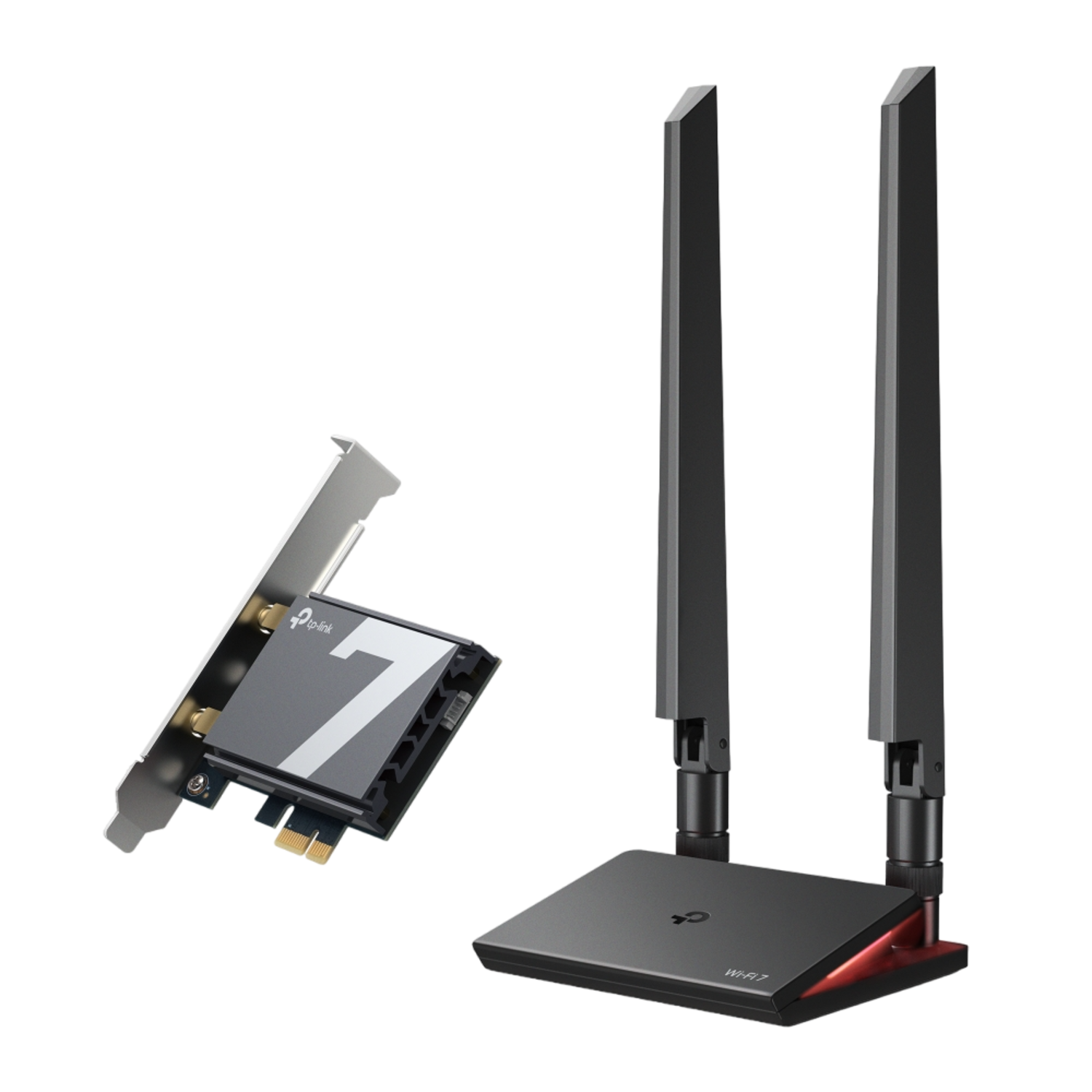 Carte adaptateur et ensemble d'antennes TP-Link Wi-Fi 7. Design noir et gris. Deux antennes.