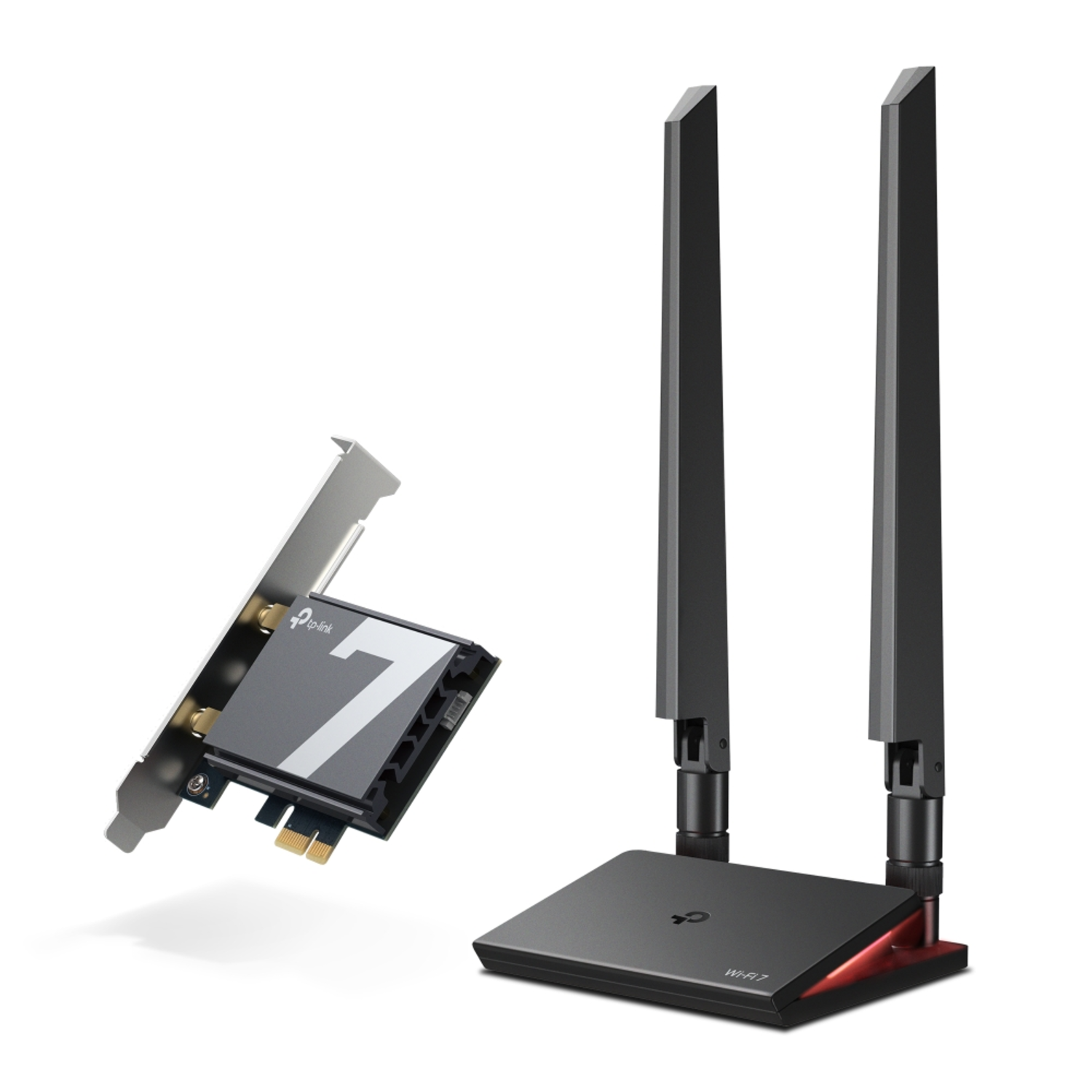 Carte réseau TP-Link Wi-Fi 7 et antennes sur une surface noire.
