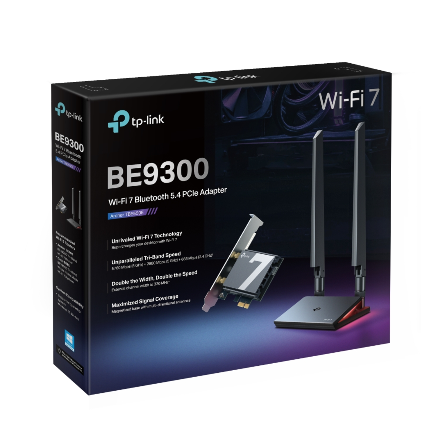 Boîte de routeur Wi-Fi 7 avec antennes, détails du produit et Wi-Fi 7, BE9300 écrit sur la boîte.
