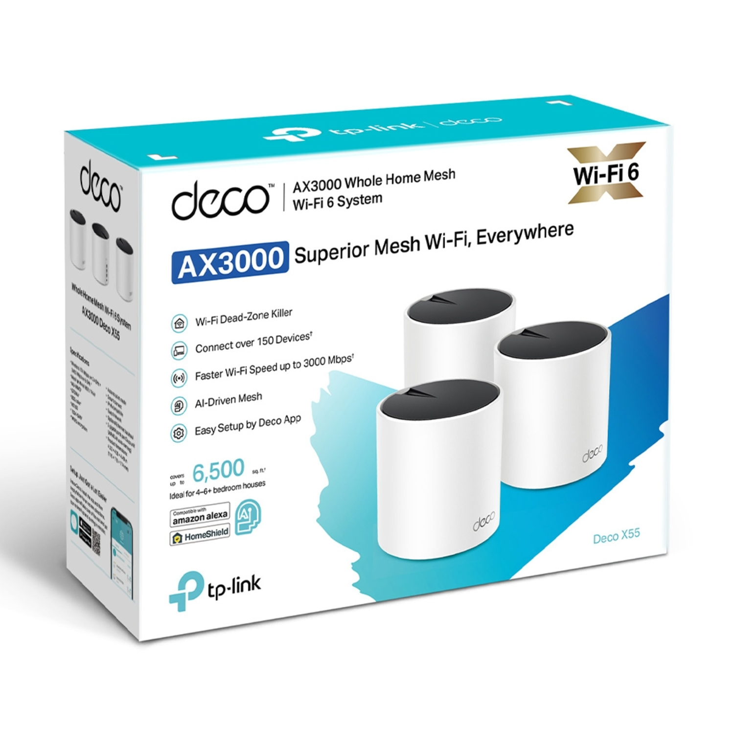 A white and blue box of Wi-Fi devices. It has three cylindrical devices and a box with product information.