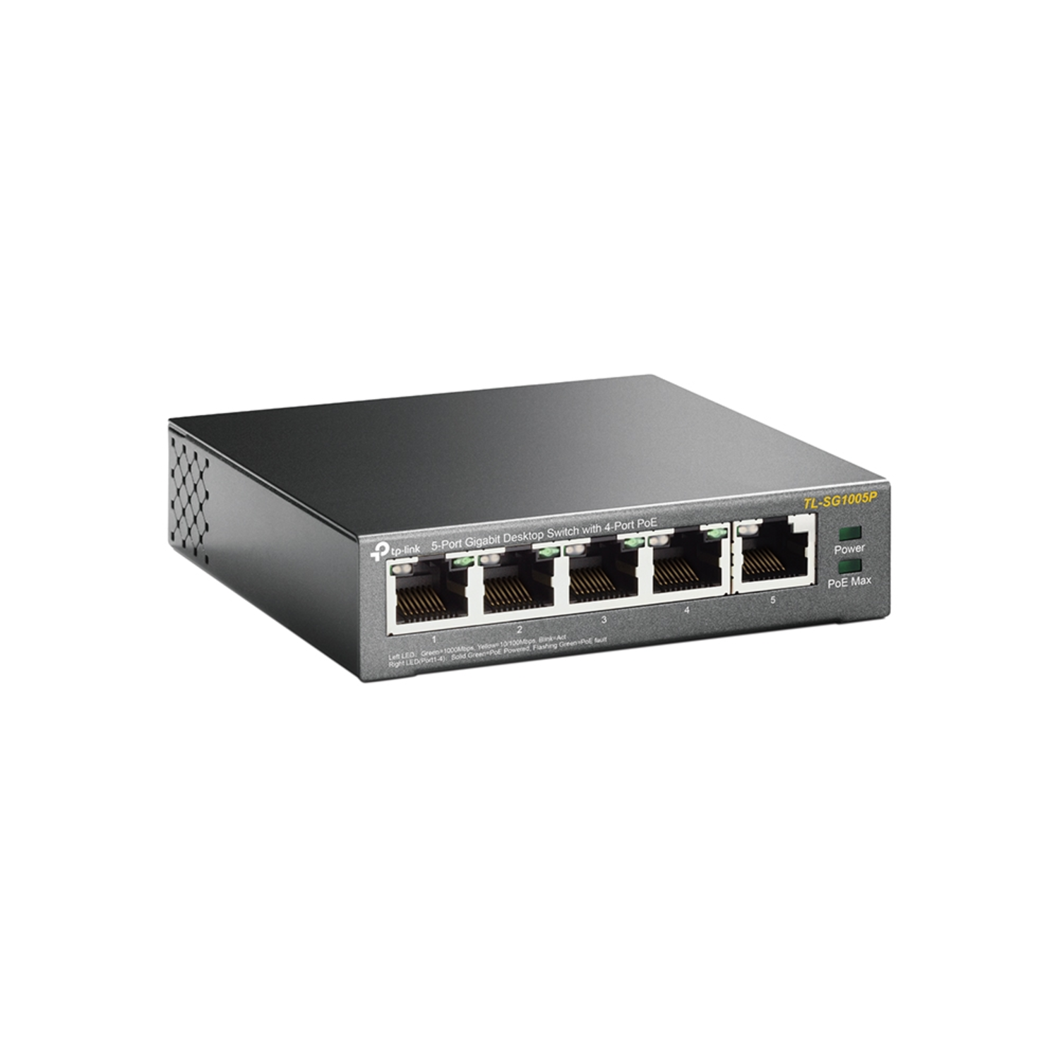 A black network switch with five ports, labeled 1 to 5. The power and PoE max buttons are visible.