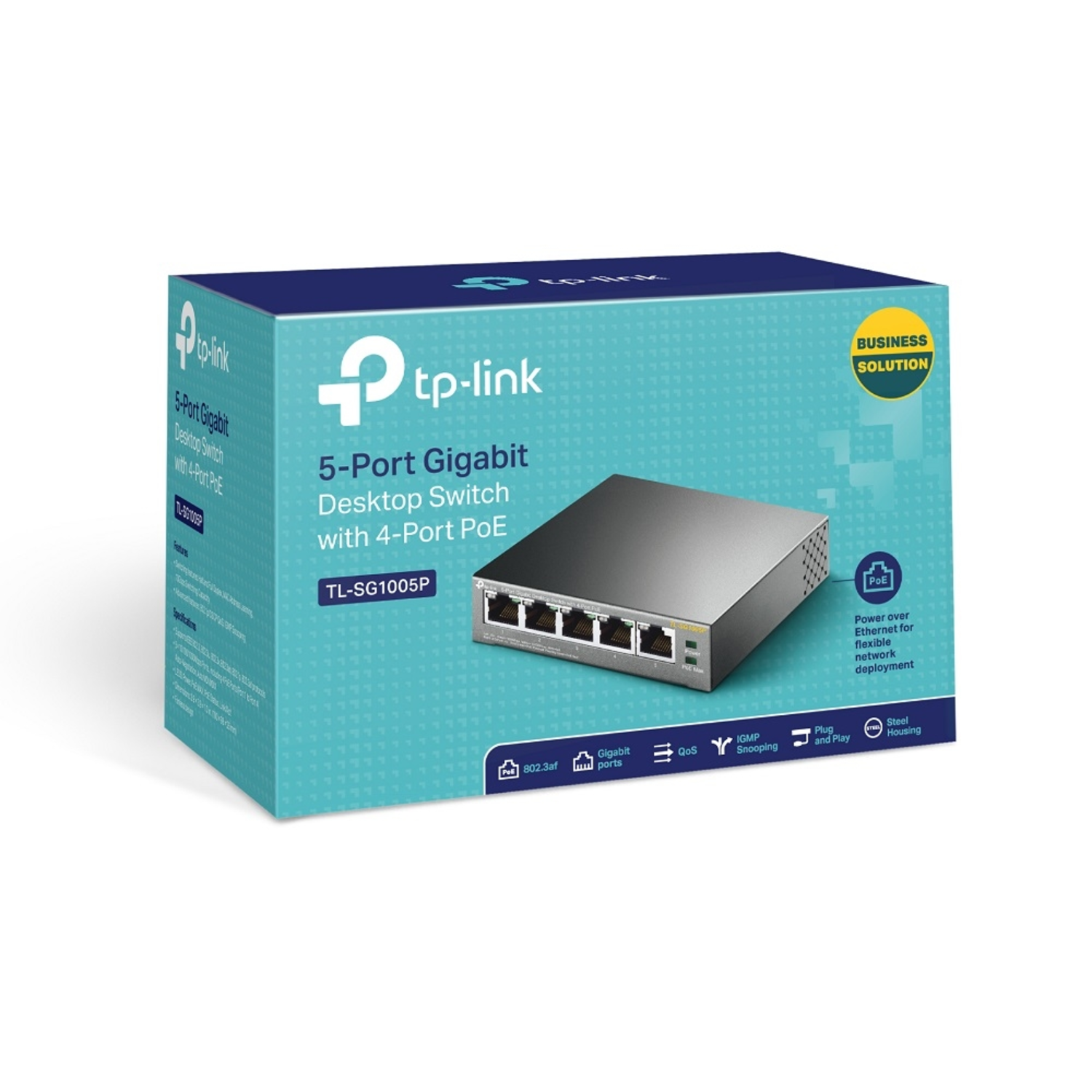 Box for a 5-port Gigabit desktop switch with 4-port PoE, with a tp-link logo.