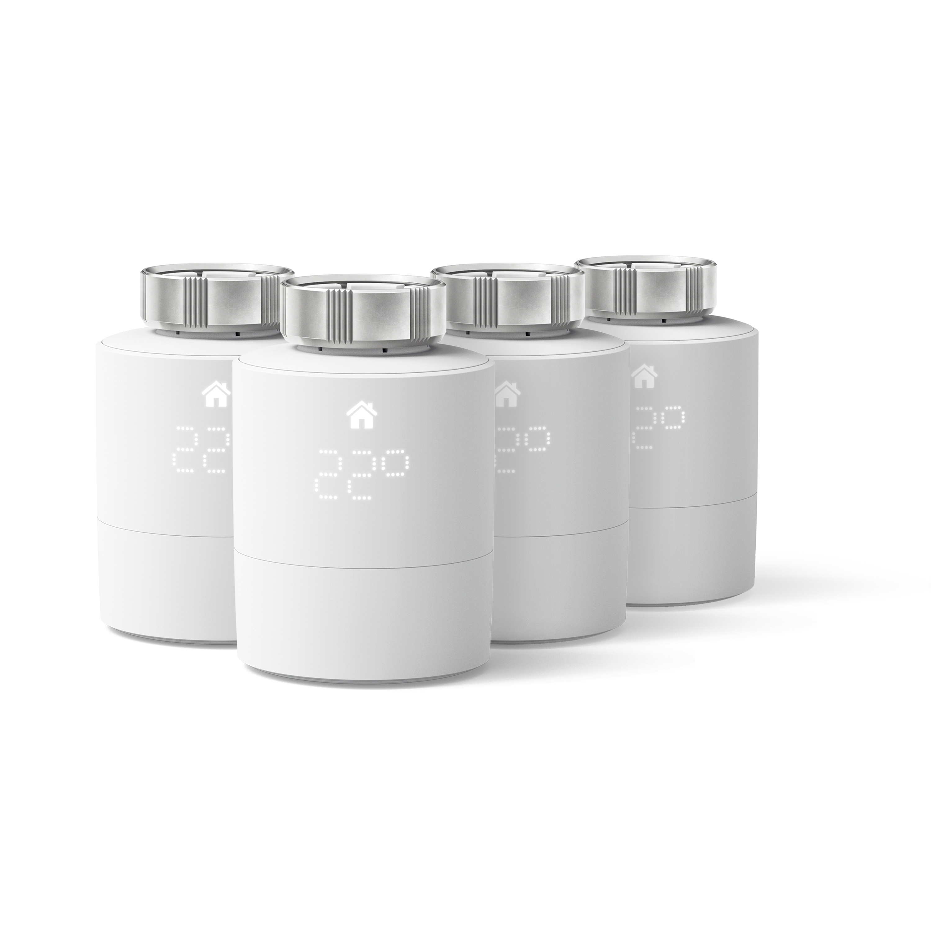 Vier weiße intelligente Thermostatventile mit silbernen Oberteilen, die die Temperatur 22 anzeigen.