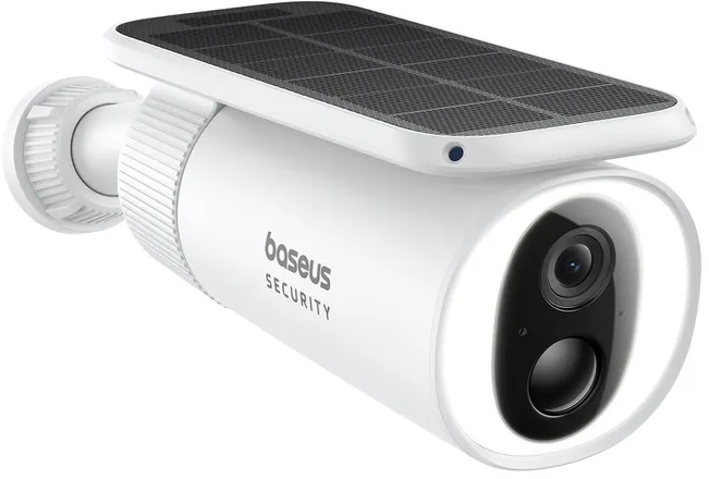 Une caméra de sécurité blanche avec un panneau solaire sur le dessus, logo 'baseus SECURITY'.