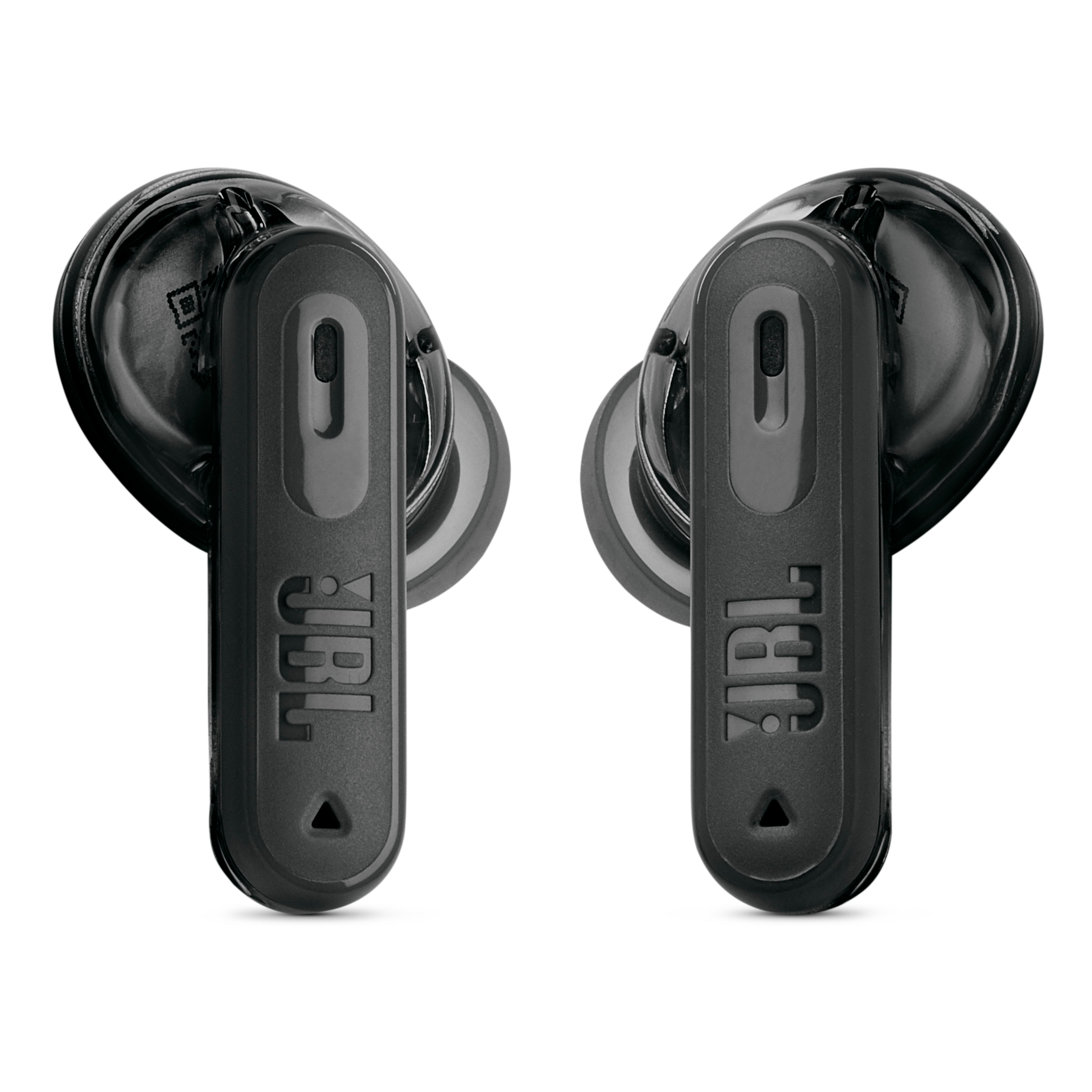 Zwei schwarze JBL In-Ear-Kopfhörer mit Stab, auf weißem Hintergrund.