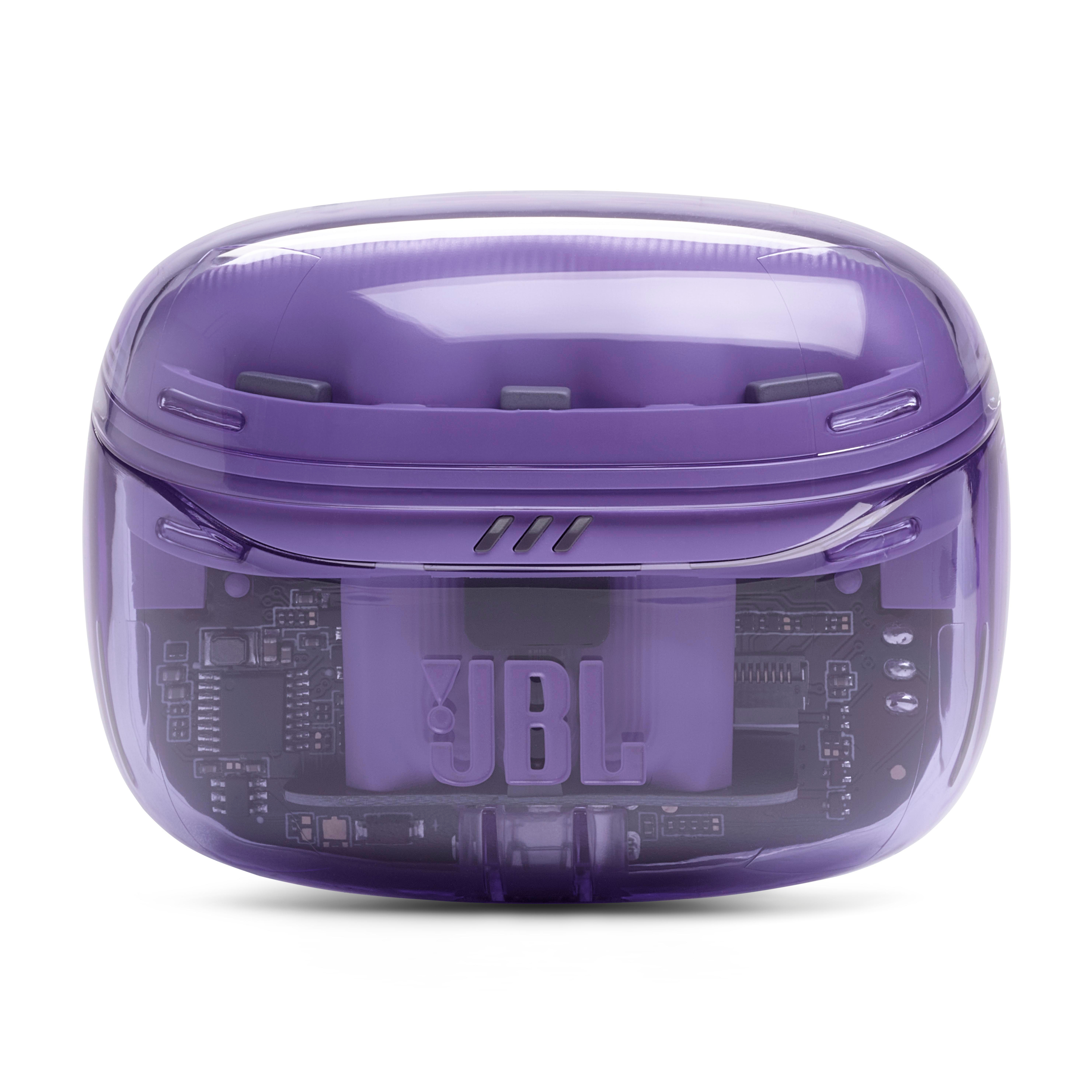 Lila transparente Ohrhörerhülle mit sichtbarer Platine und JBL-Logo.