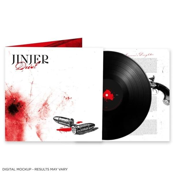 Albumcover von Jinjers 'Wallflowers'-Album. Schwarze Vinyl-Schallplatte im Inneren. Weißer Hintergrund.