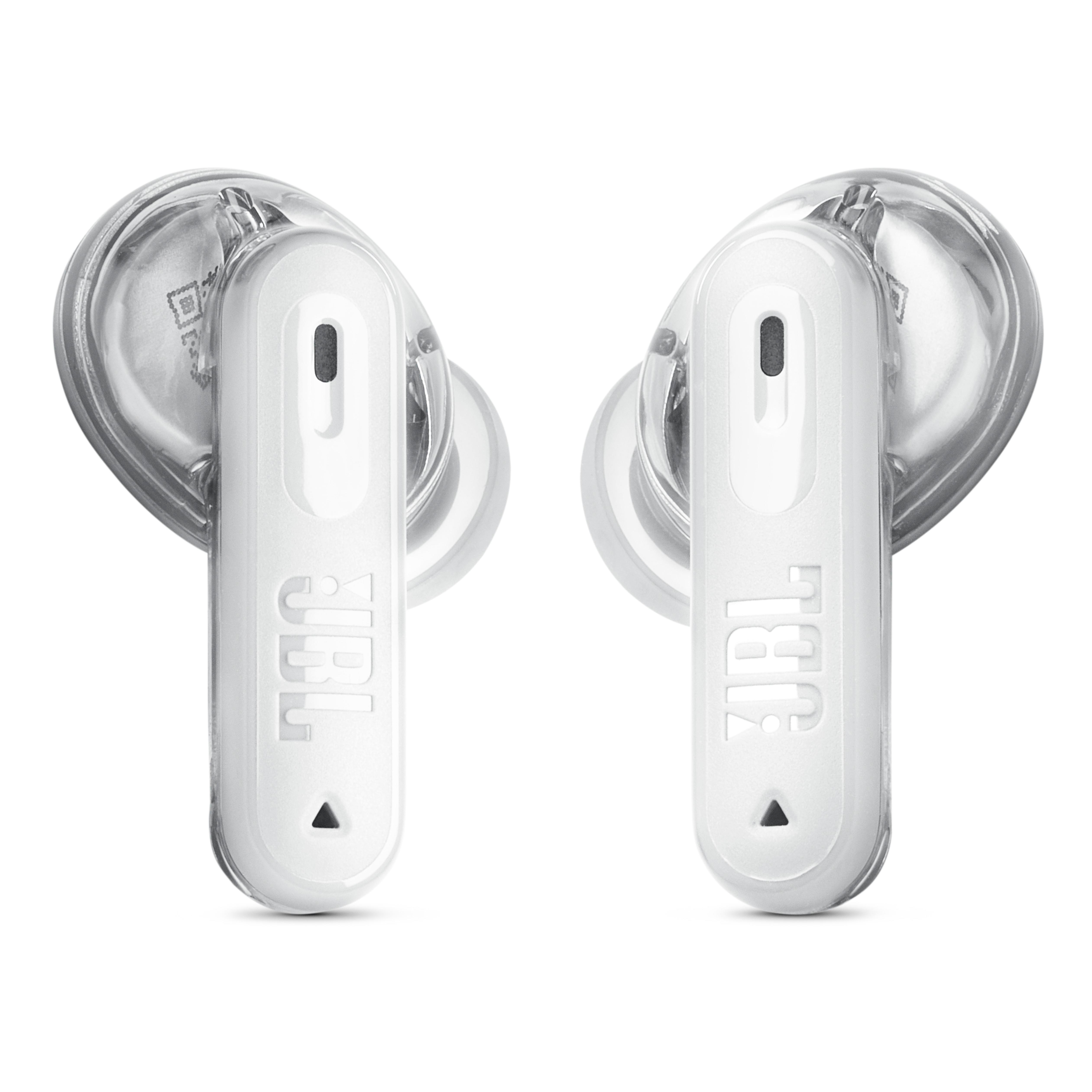 Zwei weiße JBL-Kopfhörer mit transparenten Akzenten und QR-Code.