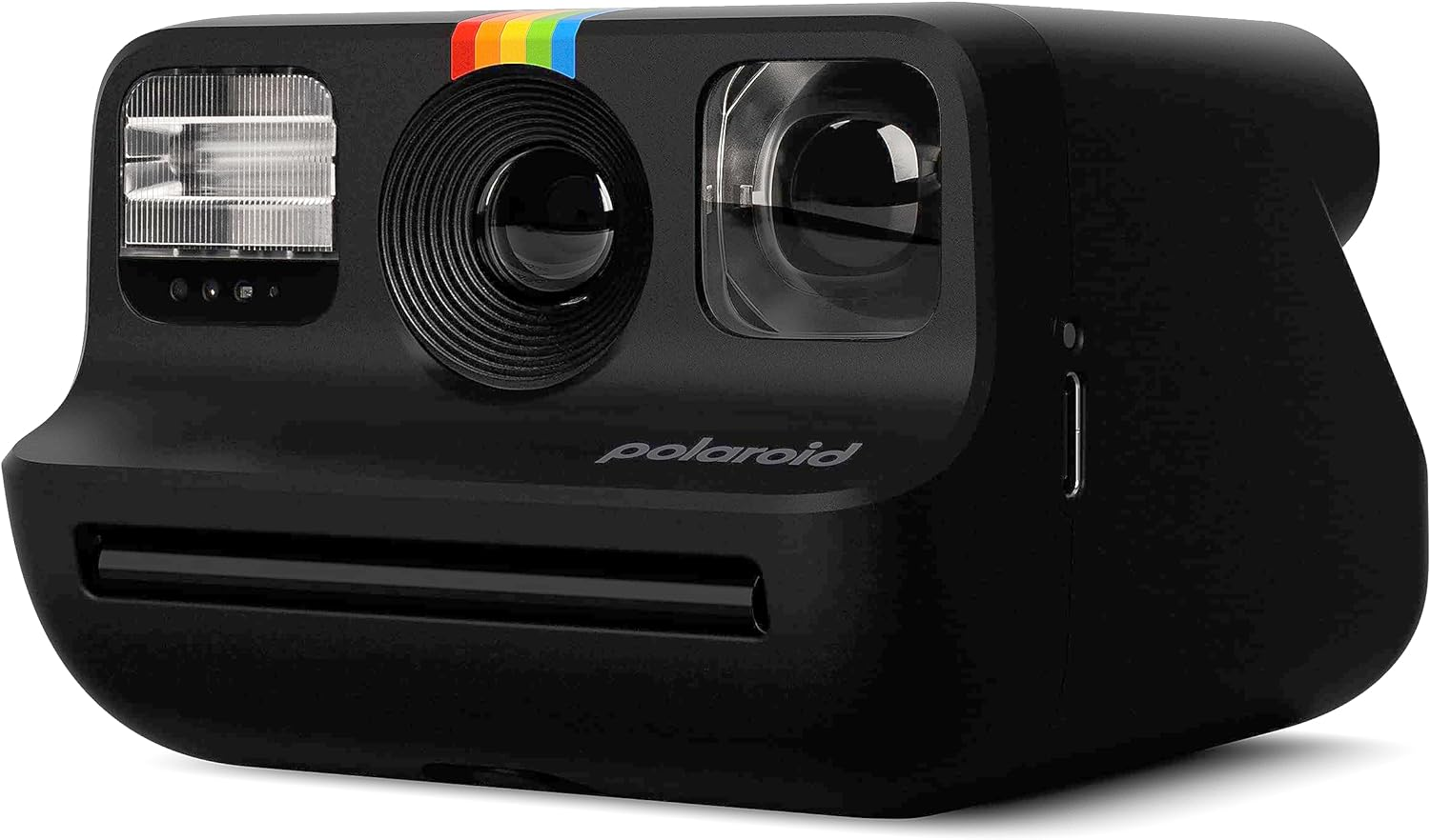 Cámara Polaroid negra con franja arcoíris y flash.