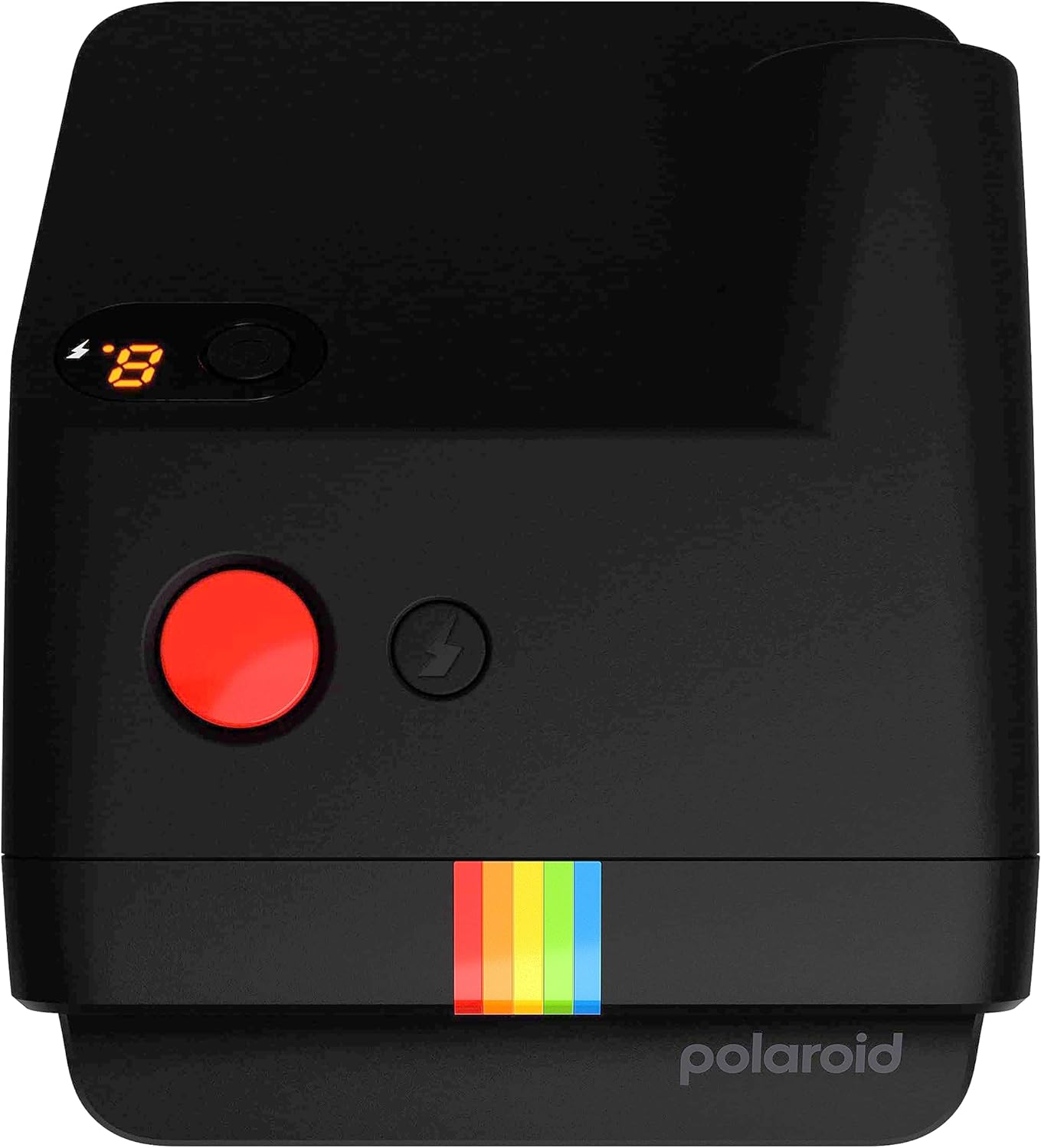Cámara Polaroid negra con botón rojo. La franja arcoíris es visible en la parte inferior.