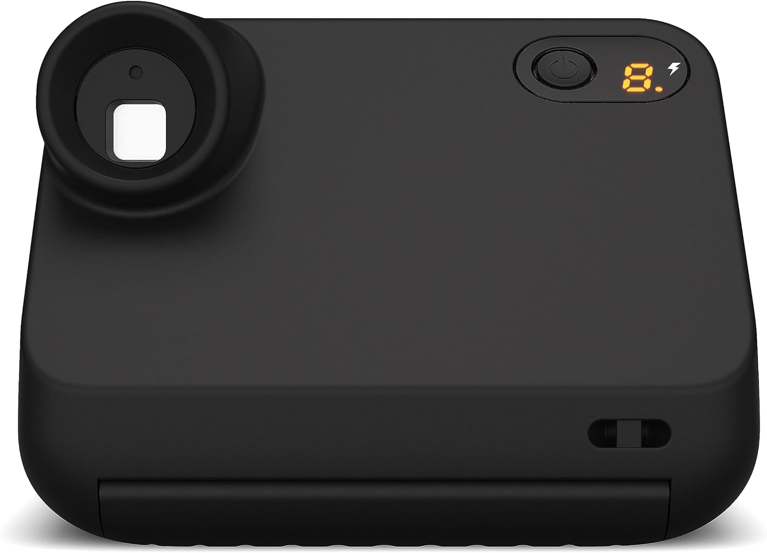 Una cámara instantánea negra con visor y una pantalla digital que muestra un número.