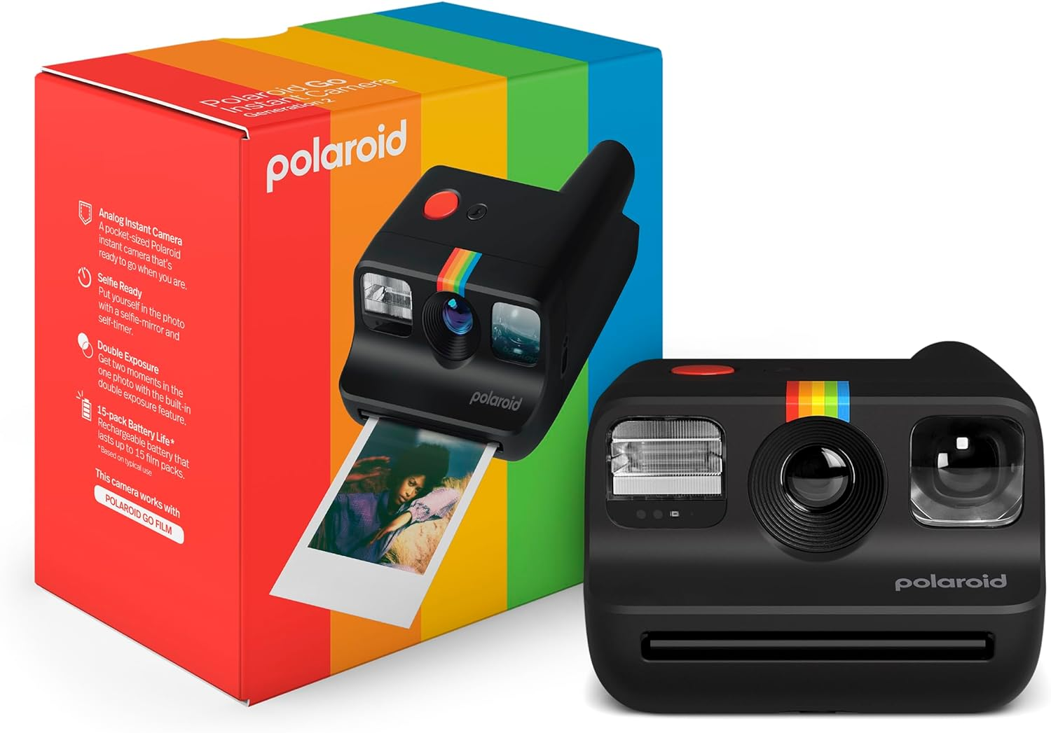 Cámara instantánea Polaroid Go y su caja, mostrando una foto siendo expulsada.