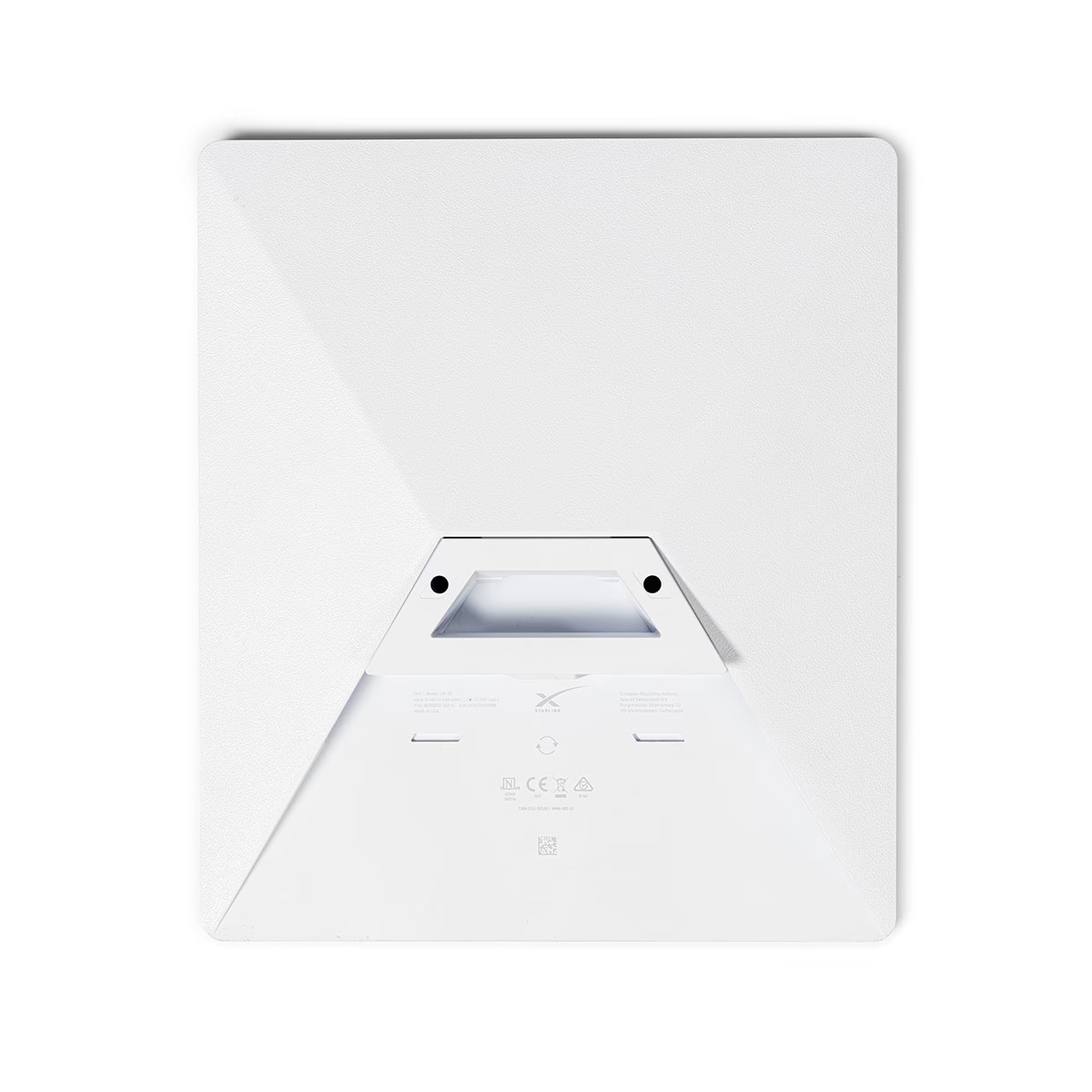 Dispositivo blanco y rectangular, vista superior. Tiene una abertura central y un logotipo: Starlink.