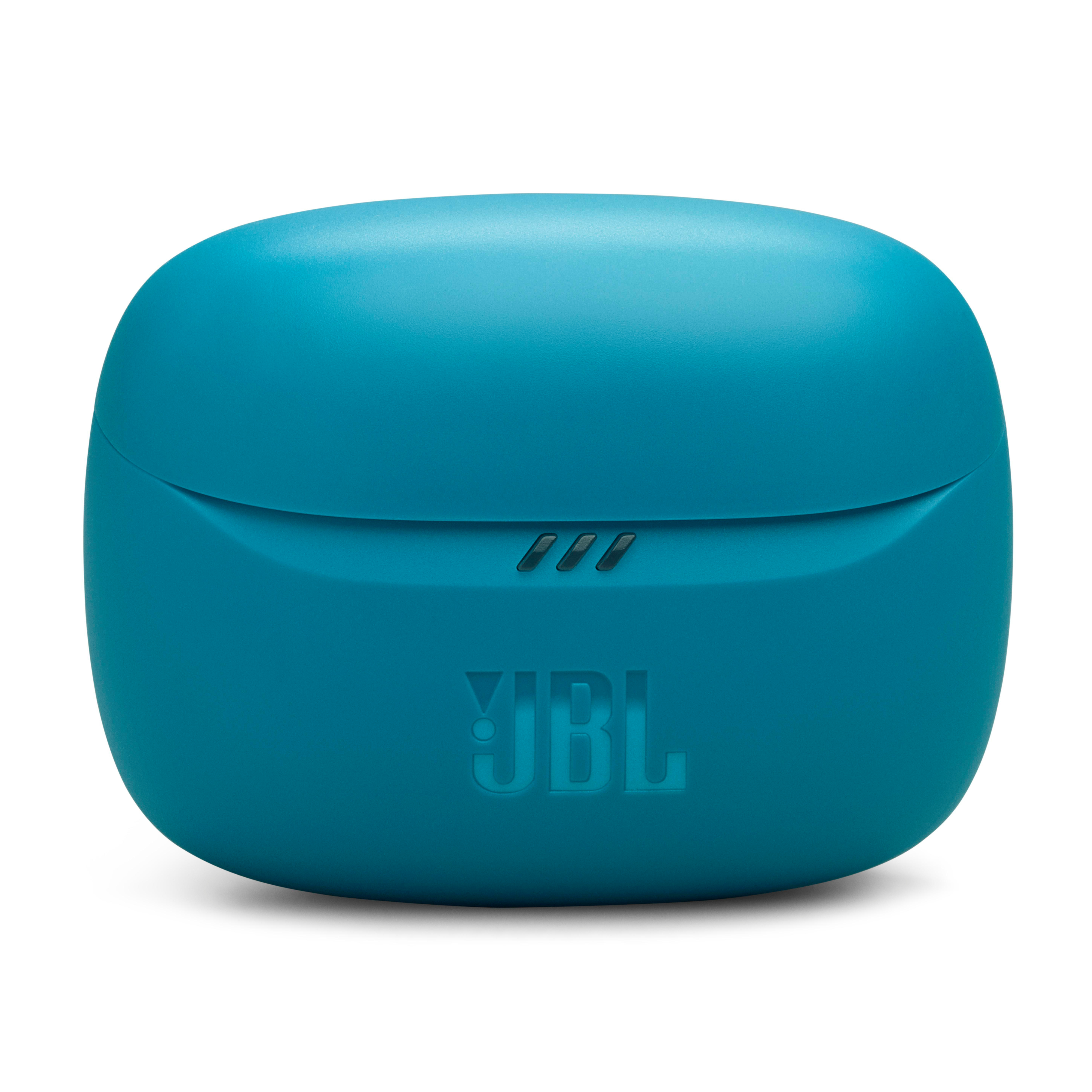 Eine blaue JBL-Kopfhörerhülle mit drei kleinen Lichtern und dem JBL-Logo.