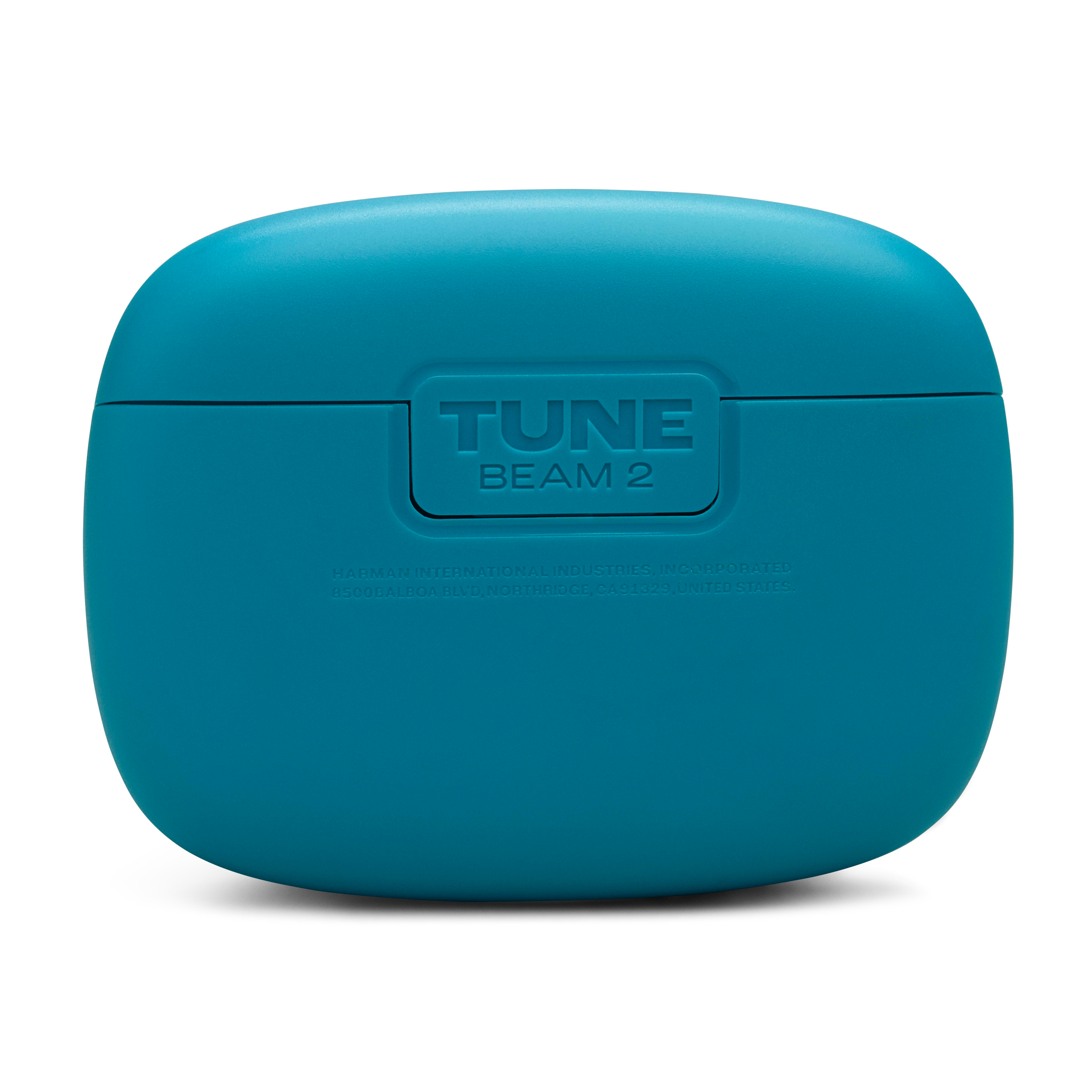Ein türkisfarbener Ladecase mit den Aufdrucken TUNE BEAM 2 und Firmenadresse.