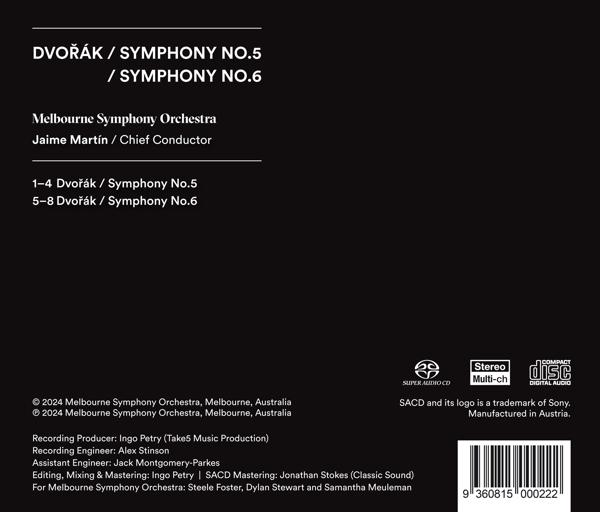 Rückseite eines CD-Covers mit Text über Dvořáks Symphonie Nr. 5 & 6, und das Melbourne Symphony Orchestra.