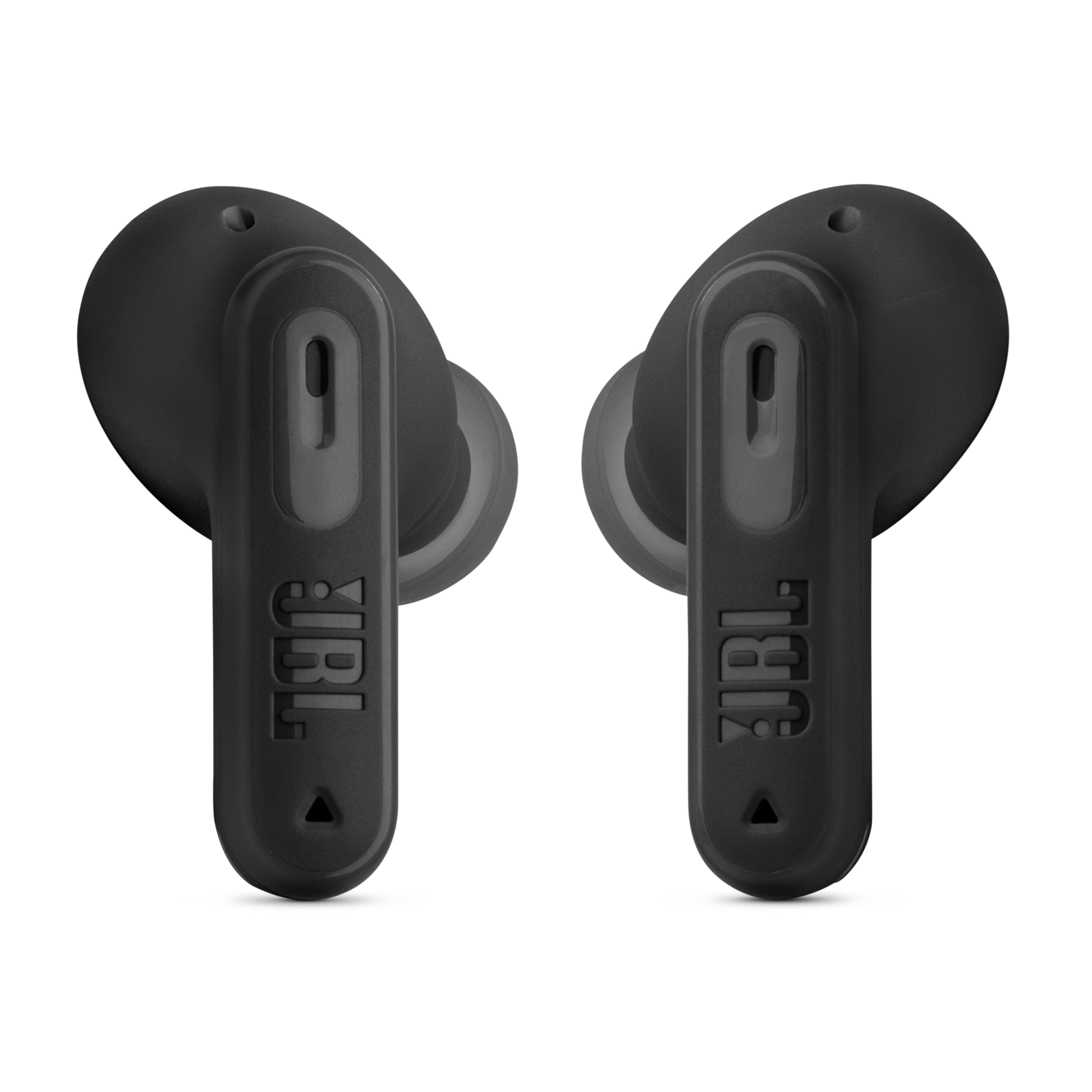 Paar schwarze JBL kabellose Ohrhörer, weißer Hintergrund.
