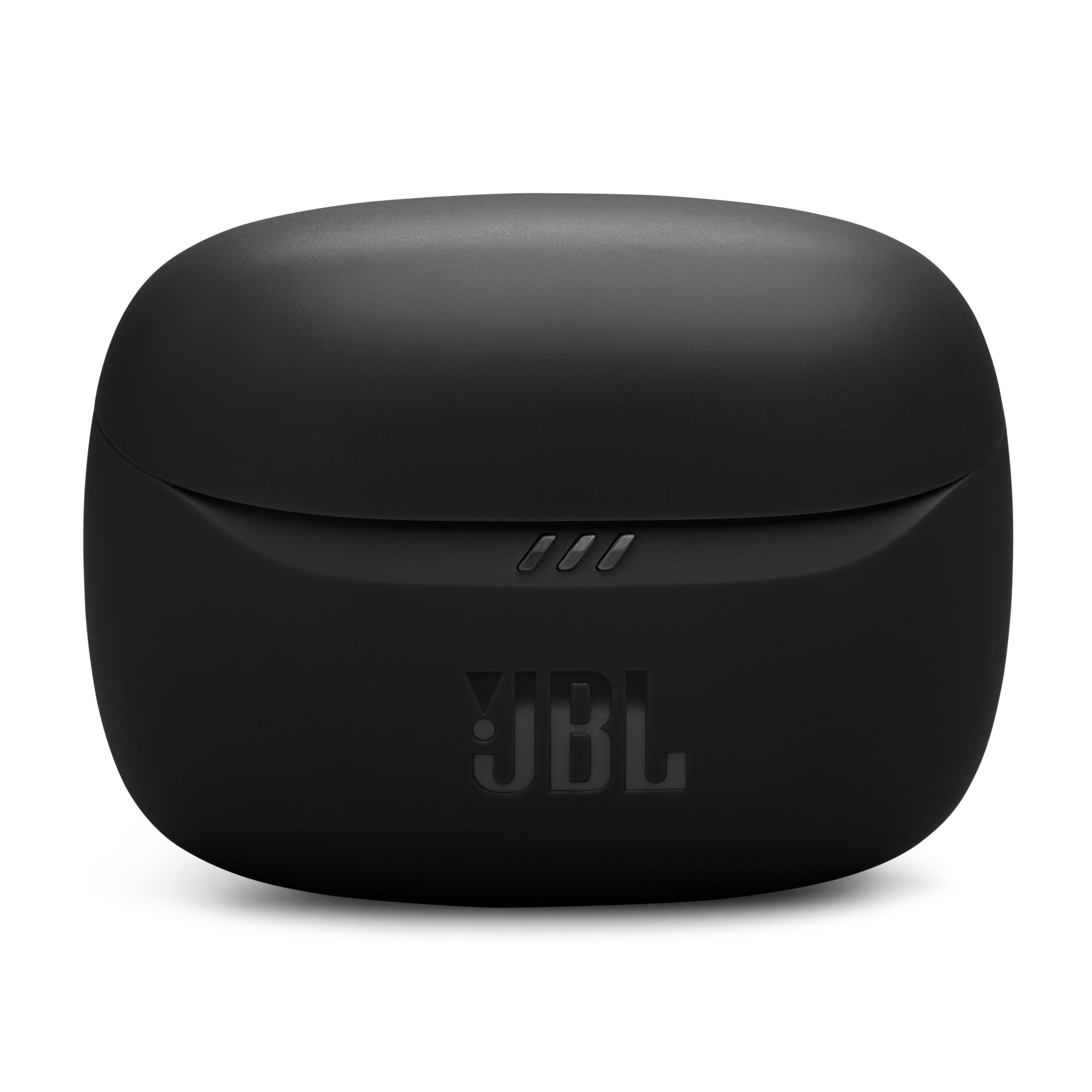 Schwarzes JBL-Ohrhörer-Ladecase. Das Case ist oval und trägt das JBL-Logo.