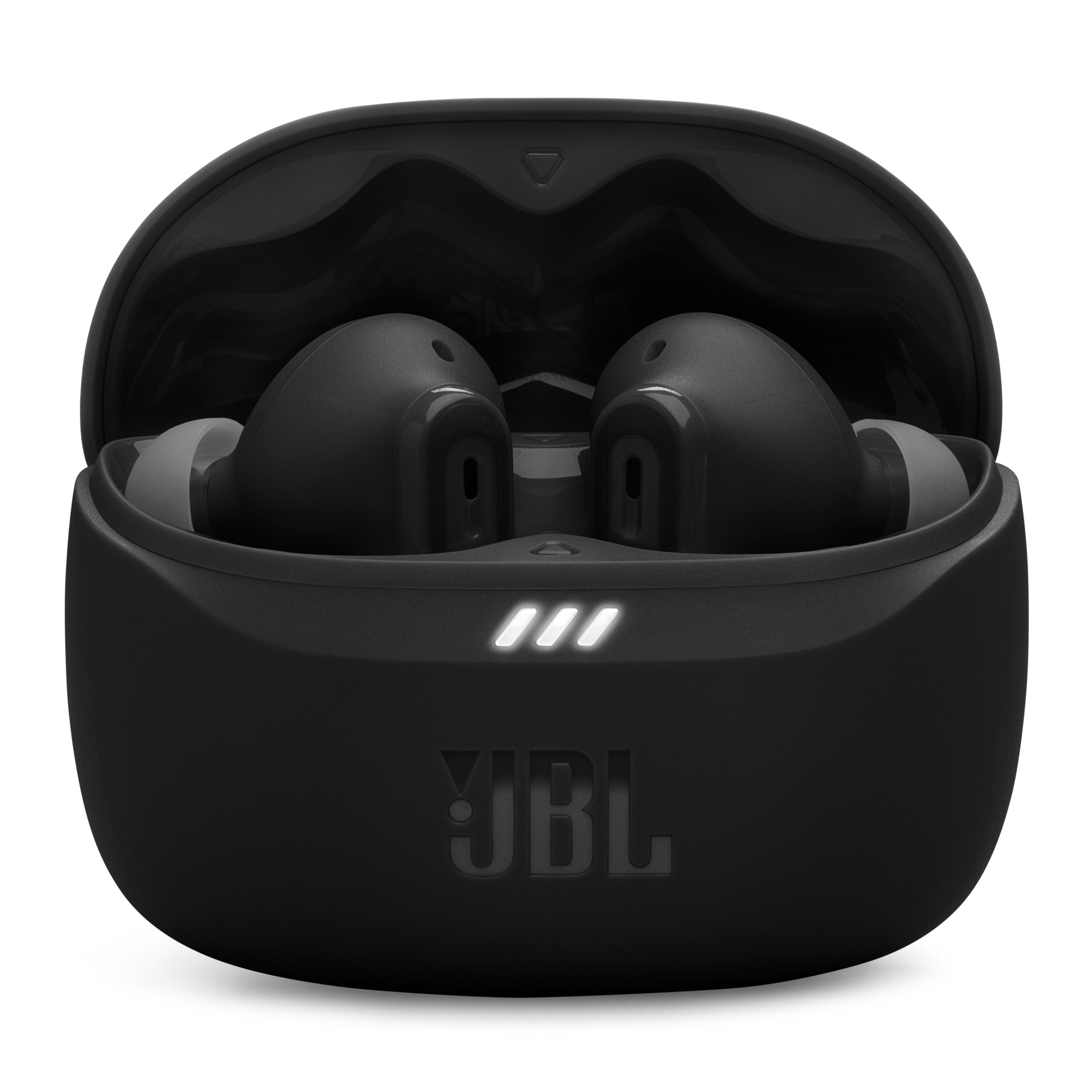 Ein schwarzes JBL-Ohrhörer-Etui, geöffnet, mit zwei schwarzen Ohrhörern. Das Etui hat drei weiße Lichter.