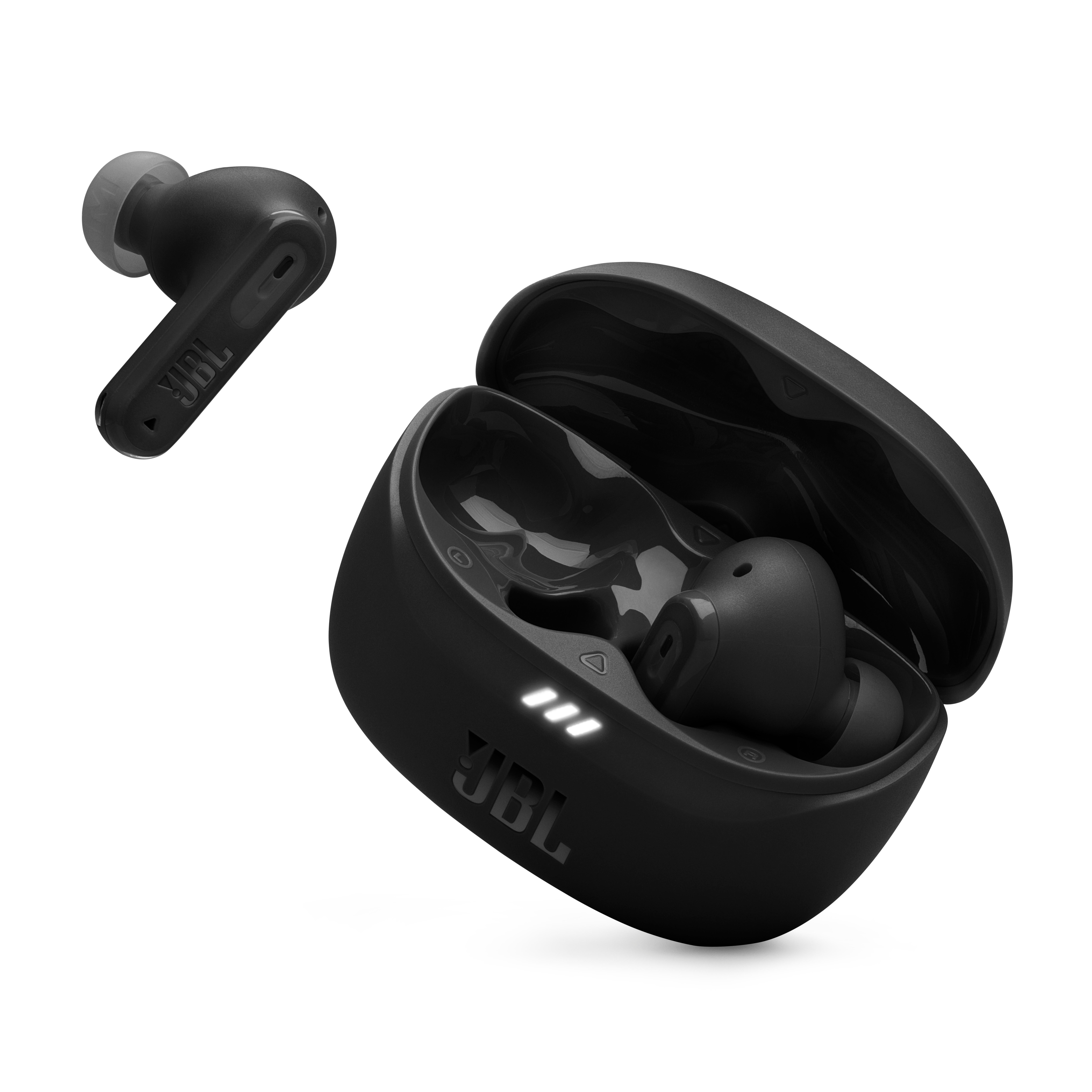 Schwarze JBL-Wireless-Ohrhörer in Hülle und einzelner Ohrhörer, weißer Hintergrund.