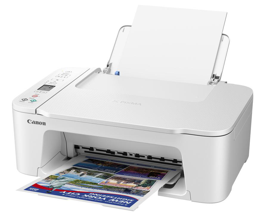 Weißer Canon-Drucker, der eine Seite mit New York City-Bildern druckt.