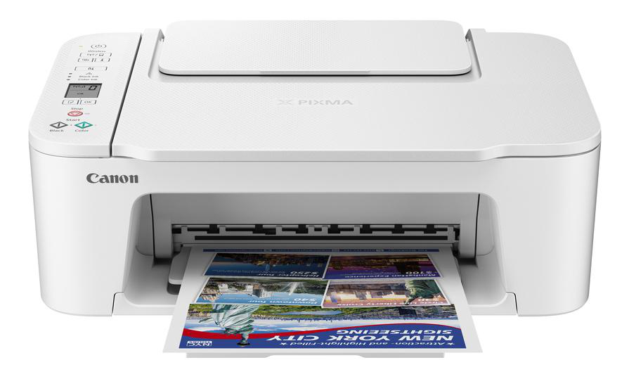 Ein weißer Canon-Drucker wird gezeigt. Er druckt ein farbenfrohes Blatt mit den Worten "New York City Sightseeing".