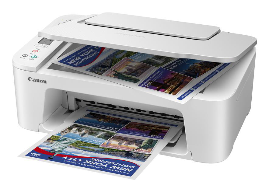 Ein weißer Canon-Drucker, der farbenfrohe Reisebroschüren druckt. Der Drucker steht auf weißem Hintergrund.