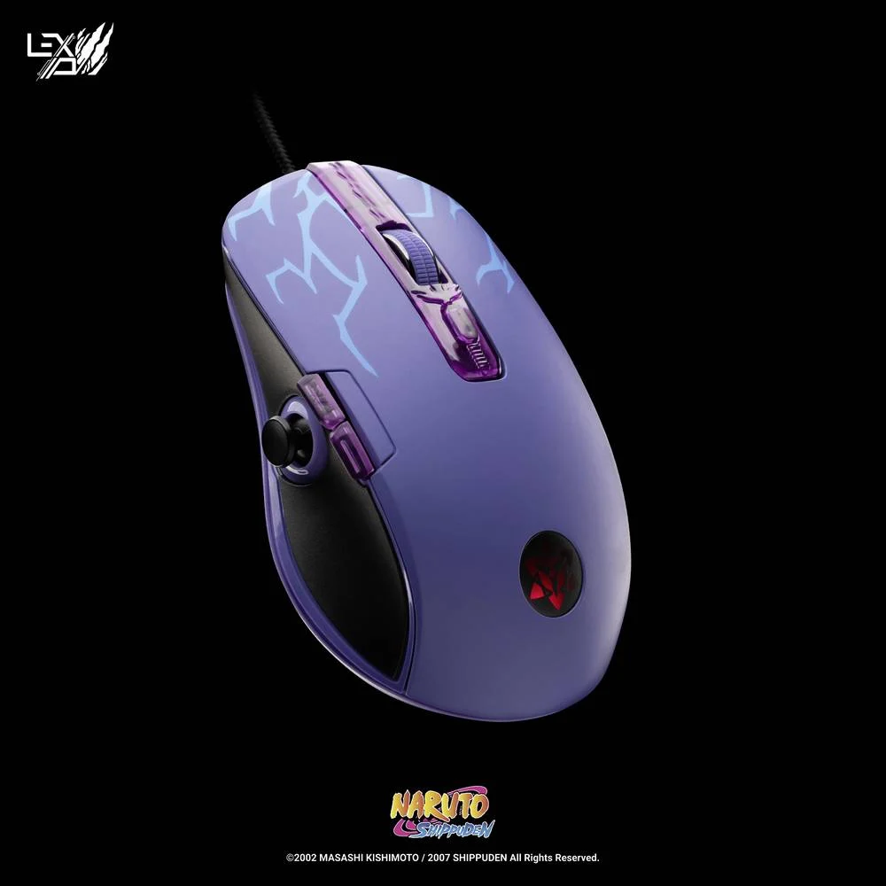 Fioletowa i czarna mysz do gier. Design błyskawicy. Logo marki w rogu. Czarne tło.