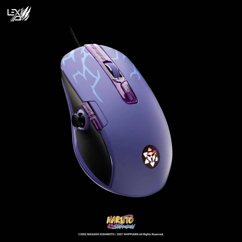 Mysz gamingowa z fioletowo-niebieskim designem i logo Naruto Shippuden.