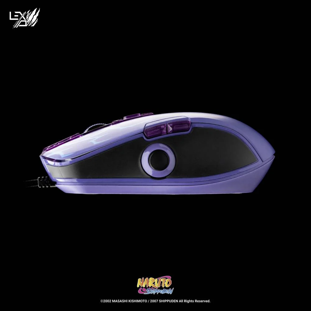 Fioletowo-czarna mysz gamingowa. Ma logo Naruto na dole.