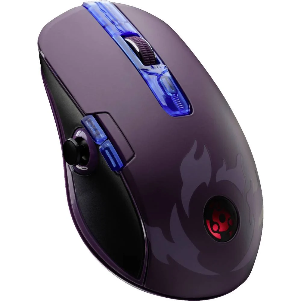 Fioletowa mysz do gier z niebieskimi światłami. Posiada przyciski boczne, kółko przewijania i logo z czerwonym blaskiem.