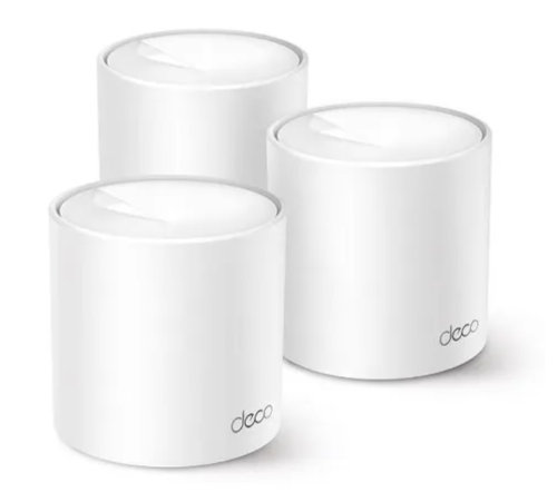 Trzy białe urządzenia Wi-Fi Deco Mesh, o cylindrycznej konstrukcji, z marką Deco, na białej powierzchni.