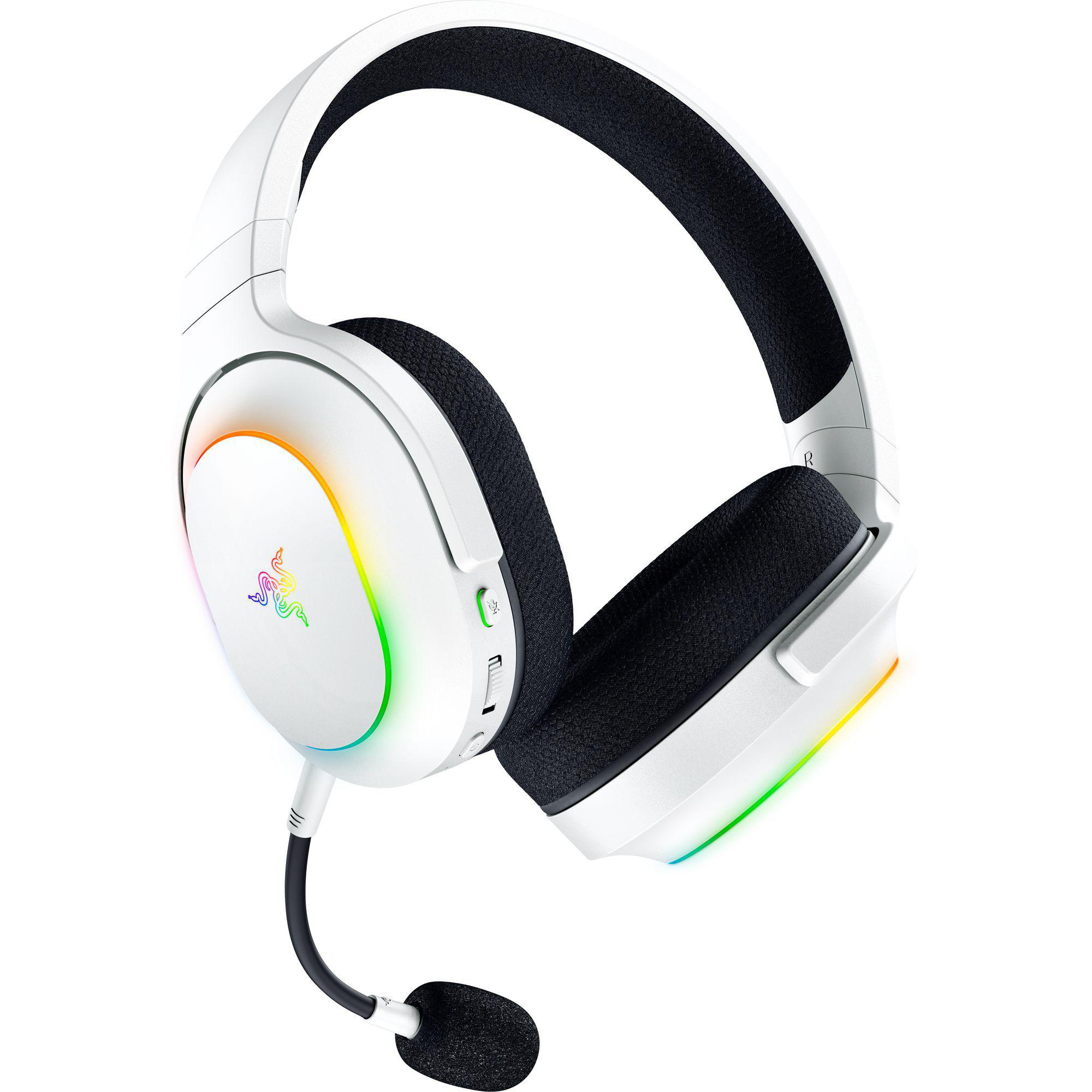Weißes Gaming-Headset mit mehrfarbigen LED-Leuchten. Das Headset hat ein Mikrofon.