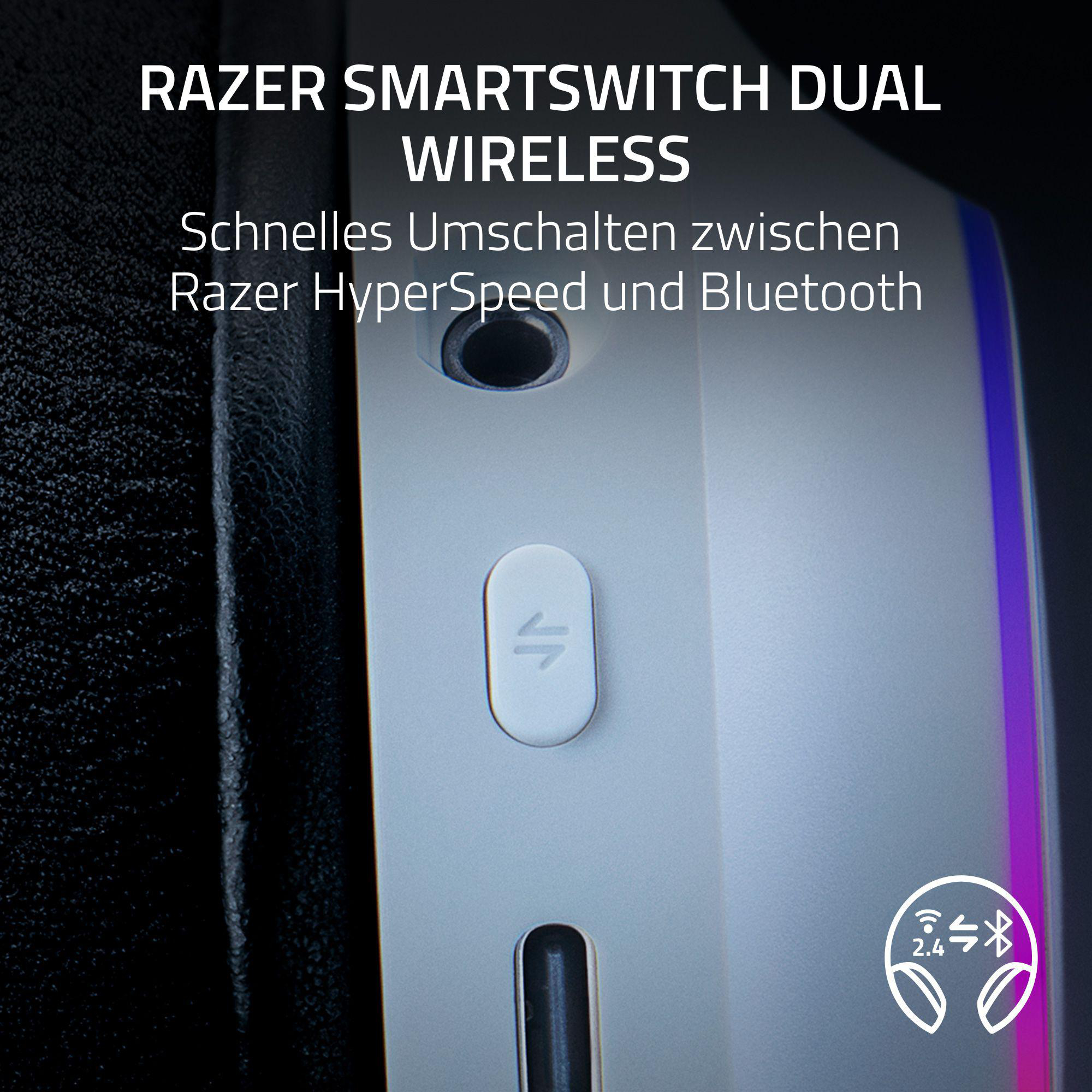 Weißer und hellgrauer Razer SmartSwitch Wireless-Knopf auf einem schwarzen Headset.