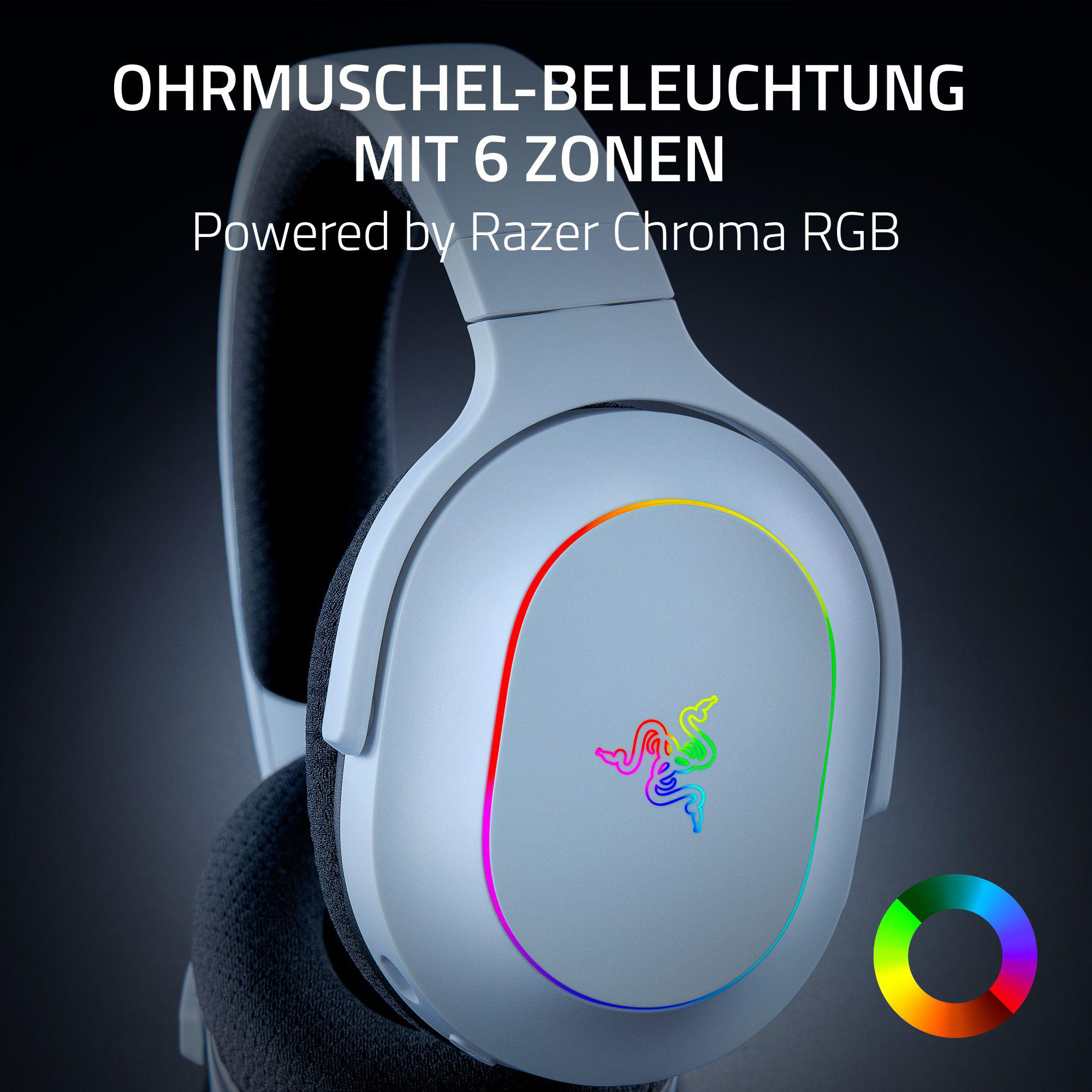 Weiße Razer-Kopfhörer mit bunten Lichtern. Text: OHRMUSCHEL-BELEUCHTUNG MIT 6 ZONEN.
