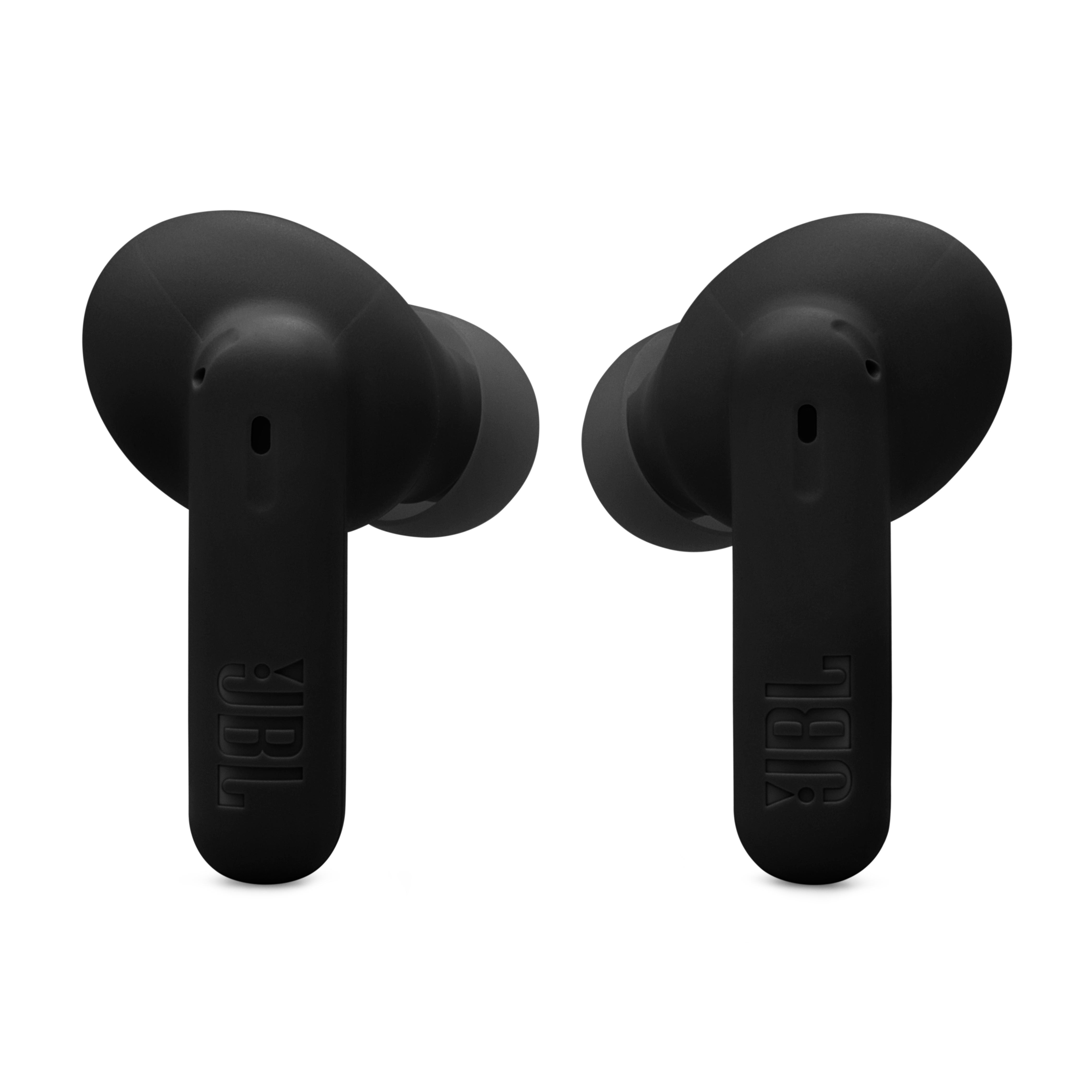 Zwei schwarze JBL-Ohrhörer, mit dem JBL-Logo auf den Bügeln.